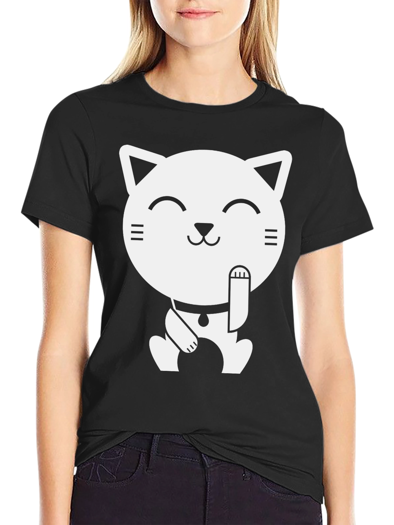 Camiseta Negra con Diseño de Gato Maneki Neko