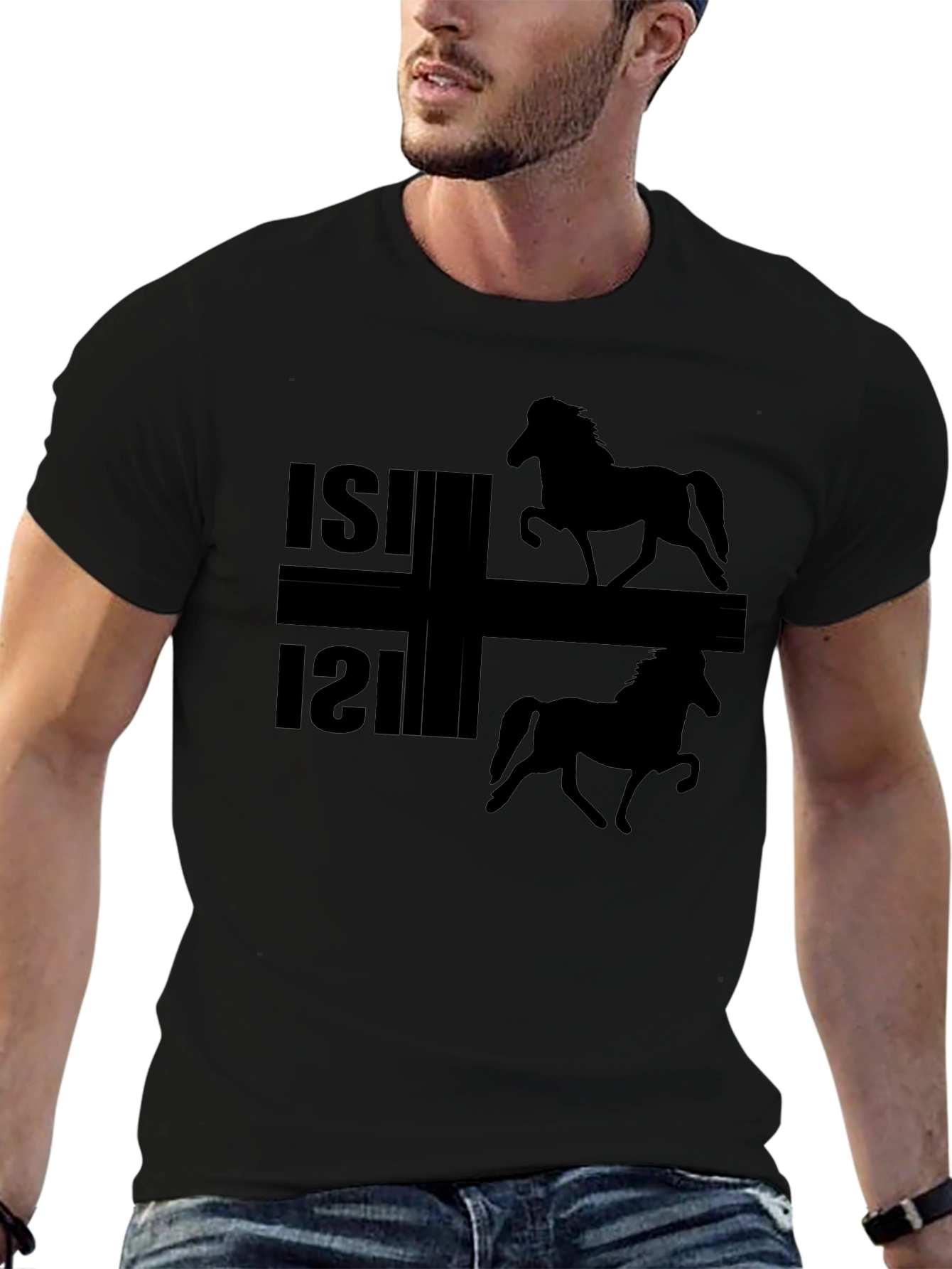 Camiseta Negra ISI con Silueta de Caballos