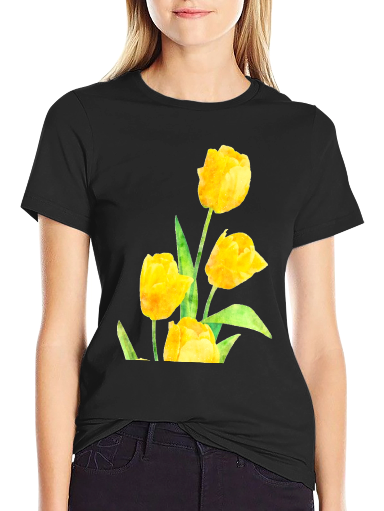 Camiseta Negra con Diseño de Tulipanes Amarillos