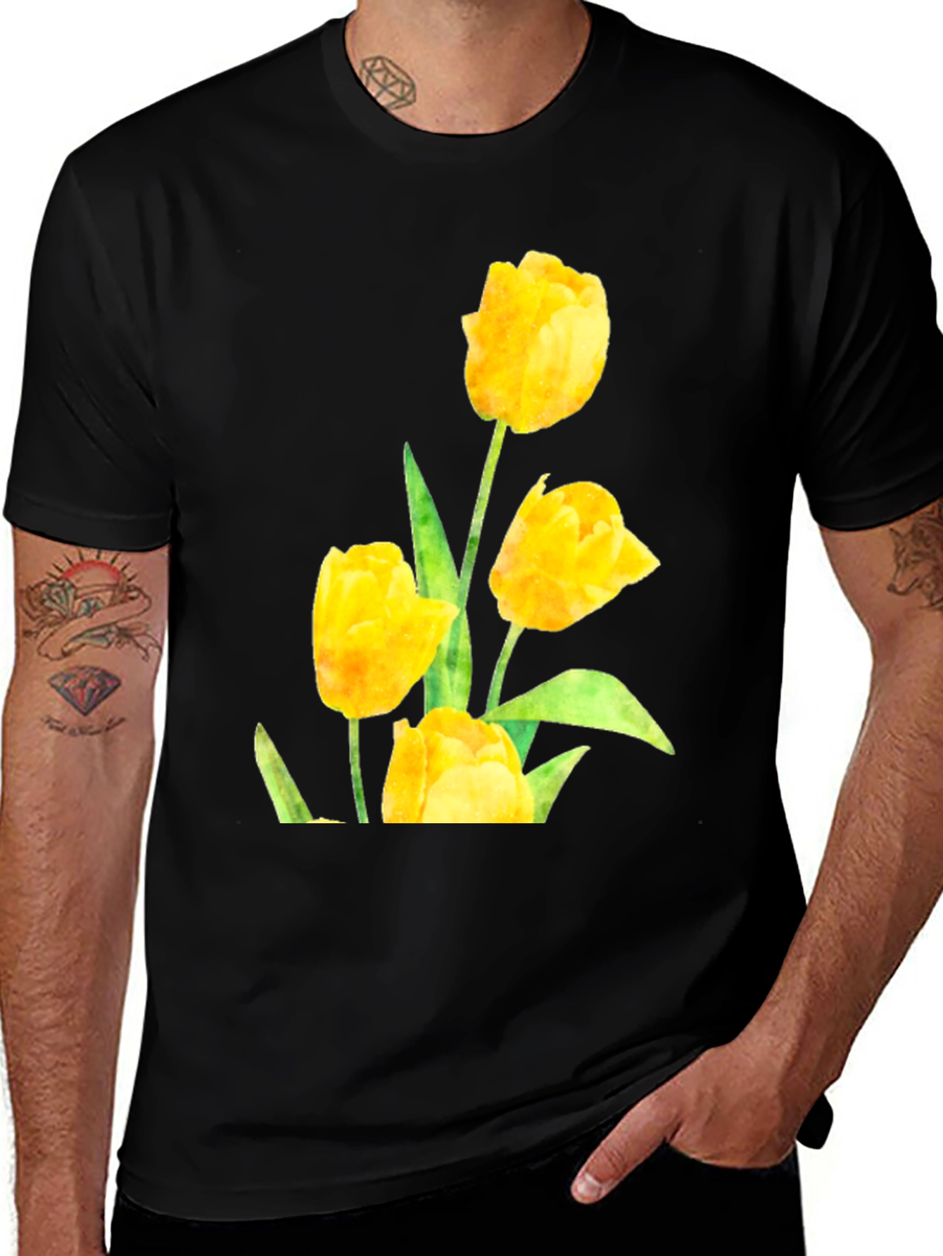 Camiseta Negra con Diseño de Tulipanes Amarillos
