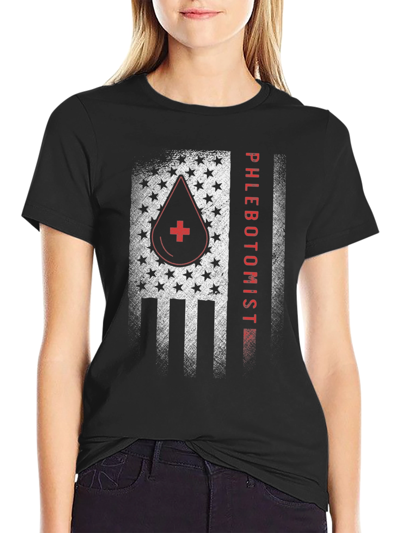 Camiseta Negra Phlebotomist Diseño Bandera USA