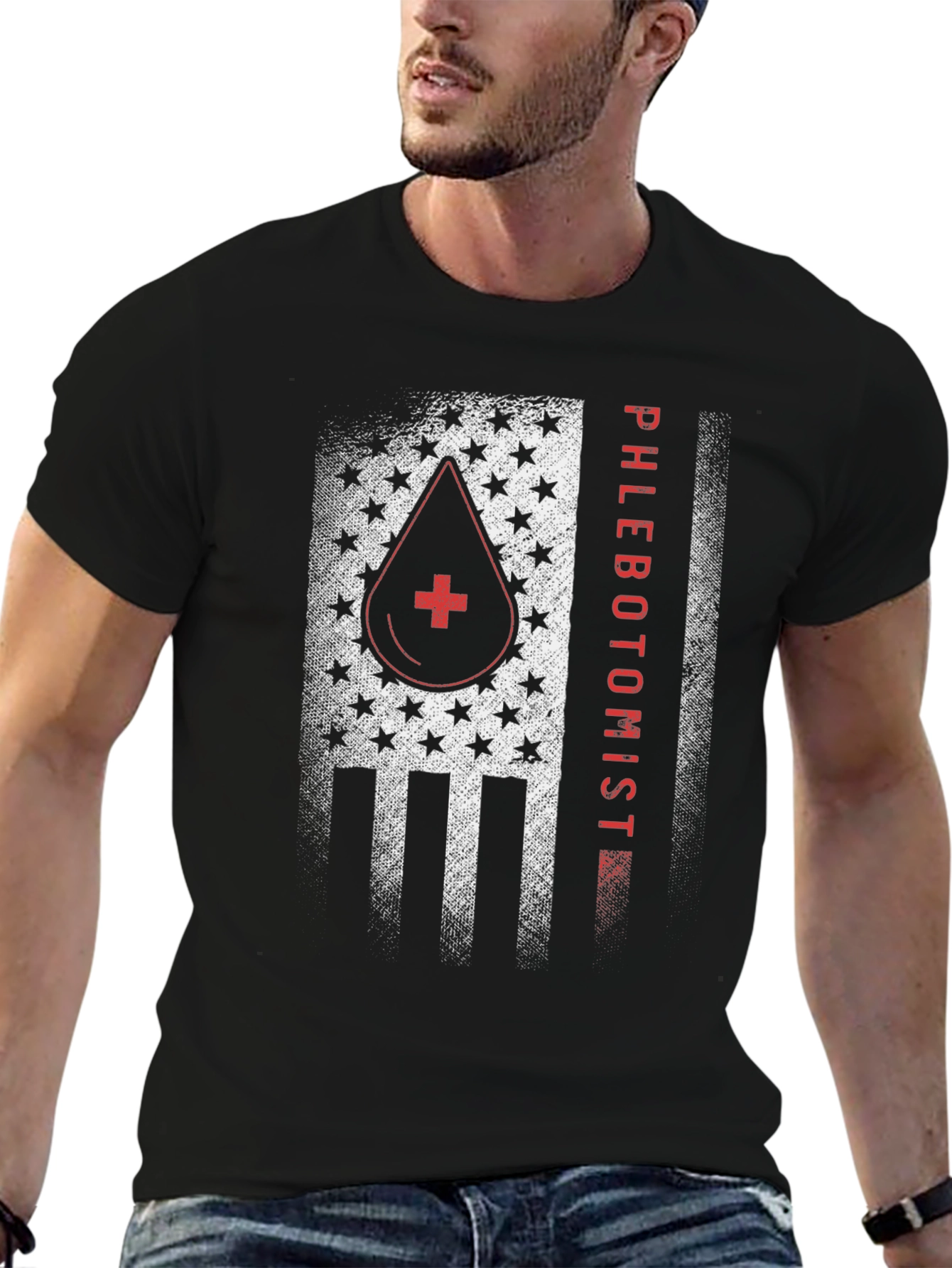 Camiseta Negra Phlebotomist Diseño Bandera USA