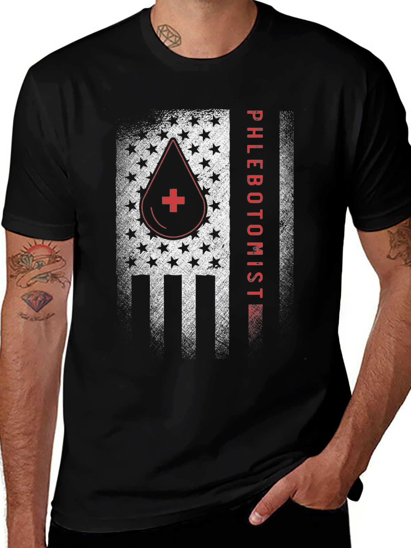 Camiseta Negra Phlebotomist Diseño Bandera USA
