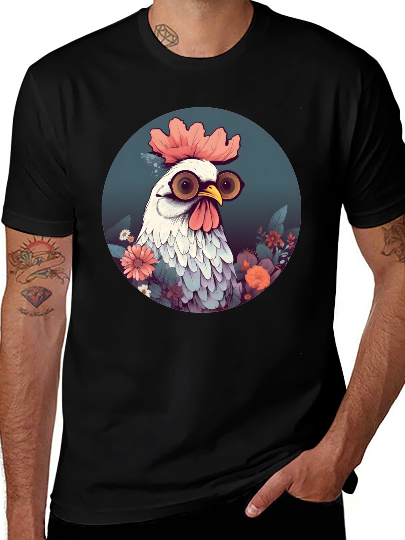 Camiseta Negra con Diseño de Pollo Divertido