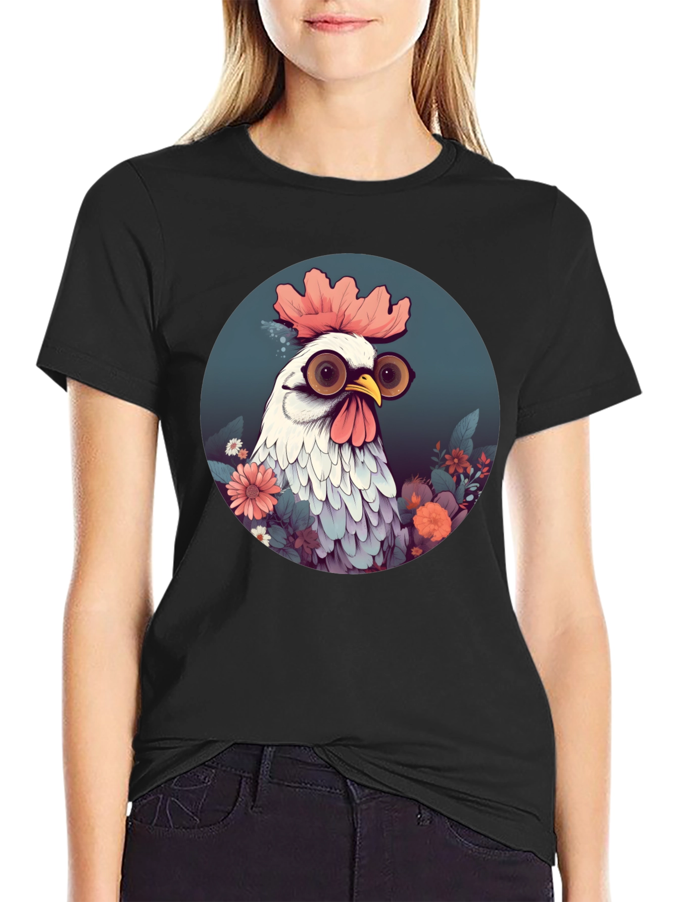 Camiseta Negra con Diseño de Pollo Divertido