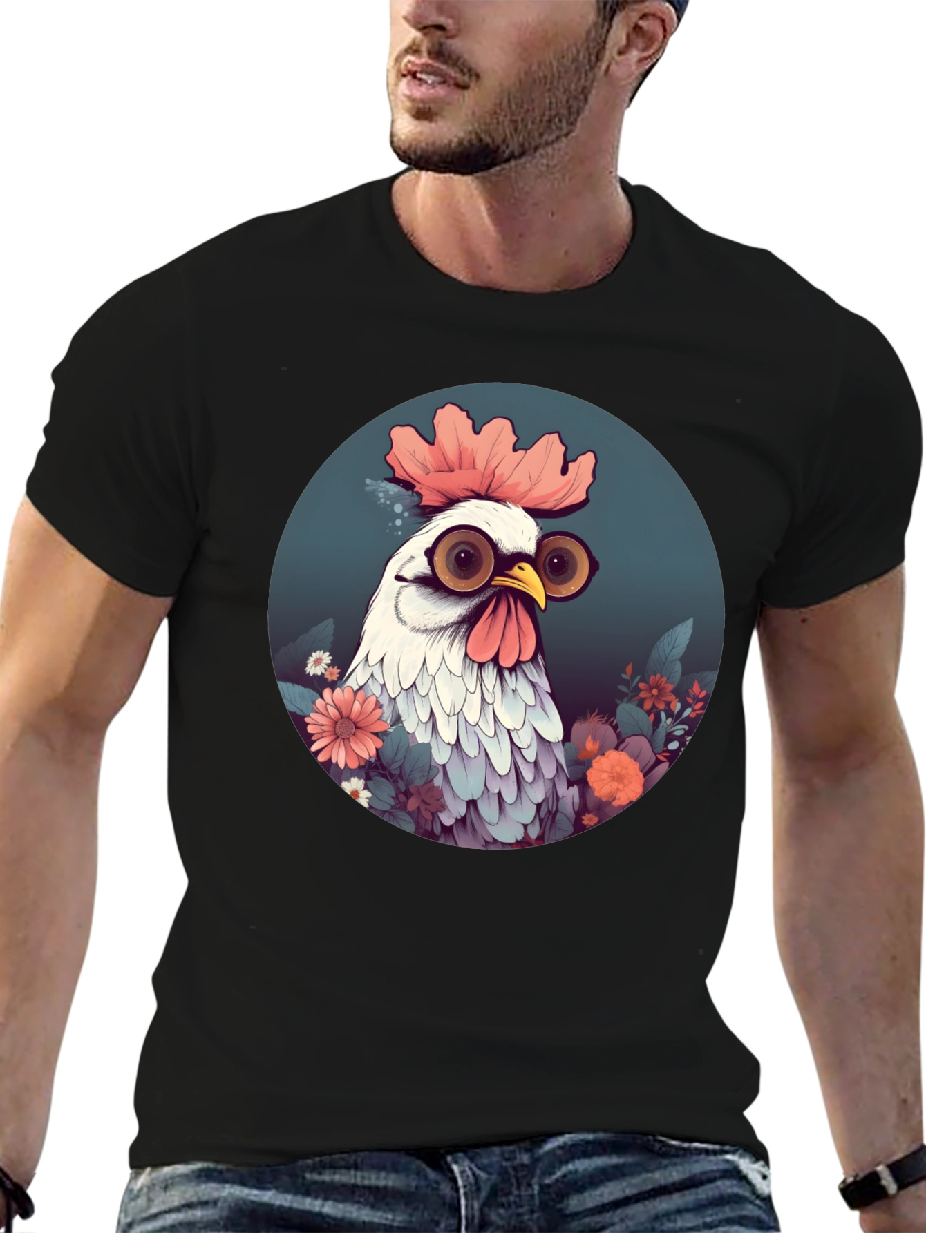 Camiseta Negra con Diseño de Pollo Divertido