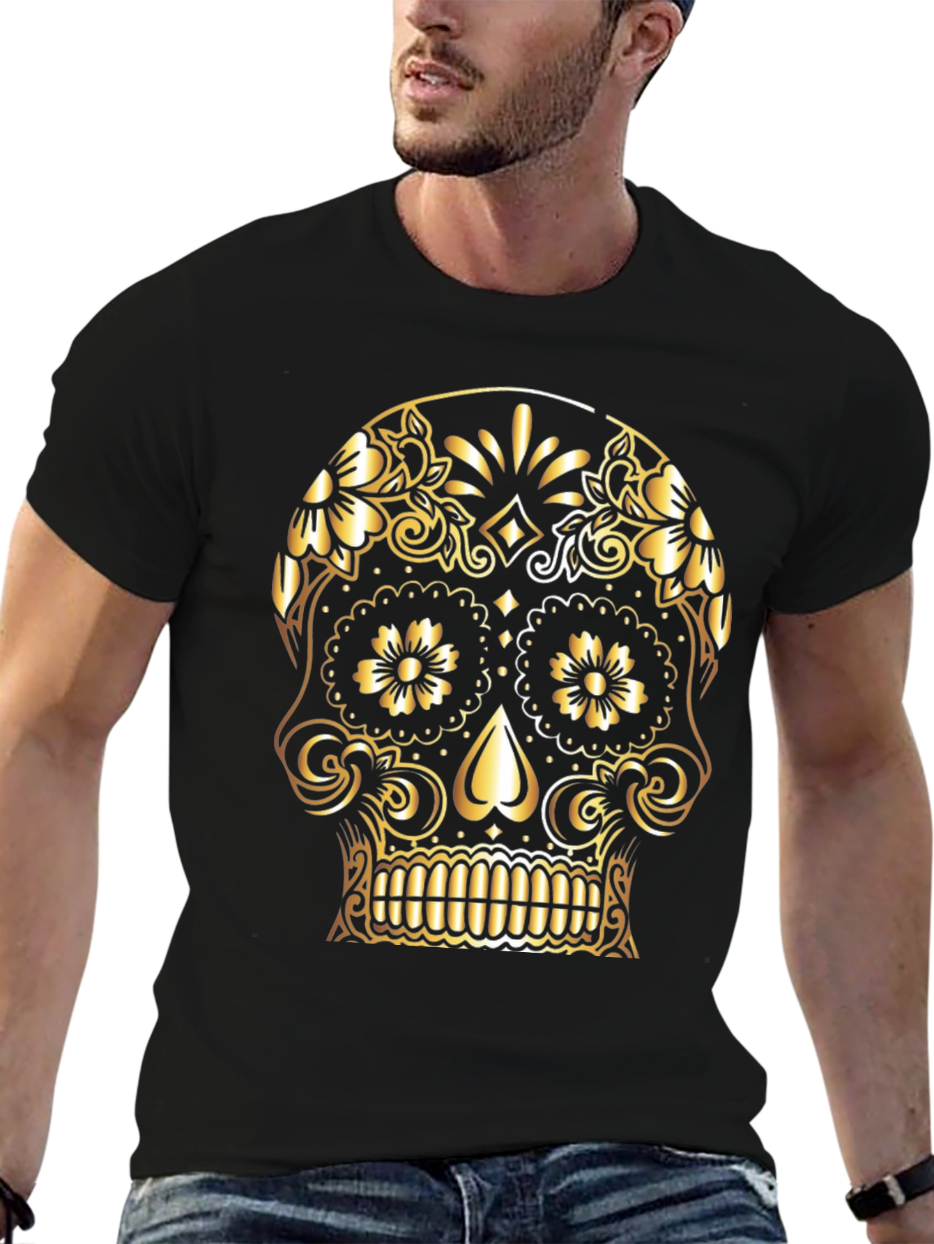 Camiseta Negra Calavera Dorada