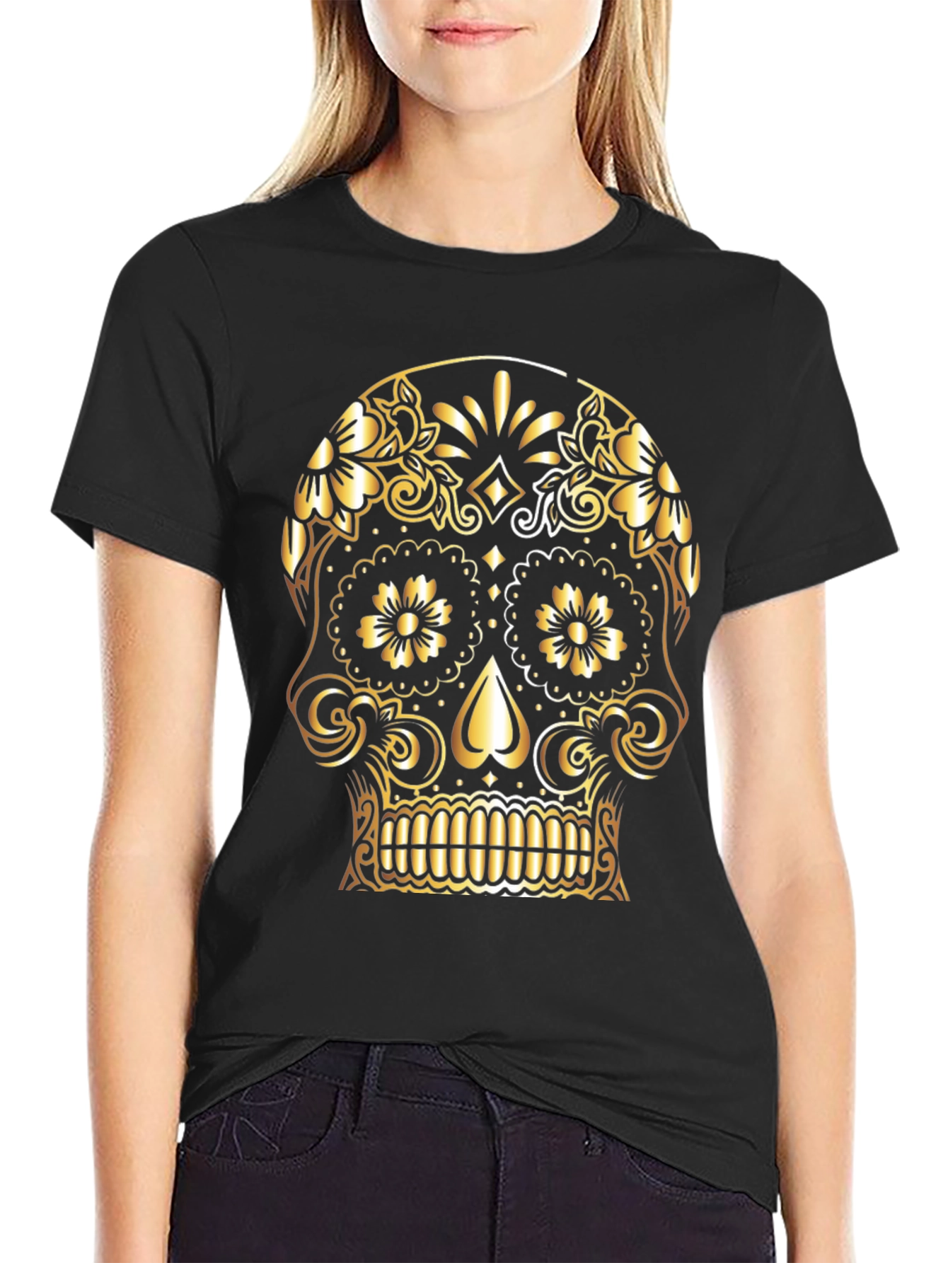 Camiseta Negra Calavera Dorada