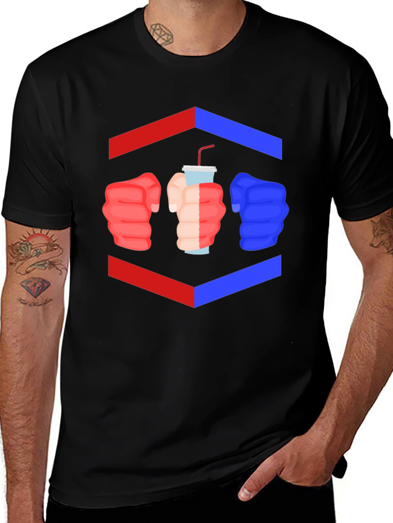 Camiseta Negra Divertida con Diseño de Puños y Bebida