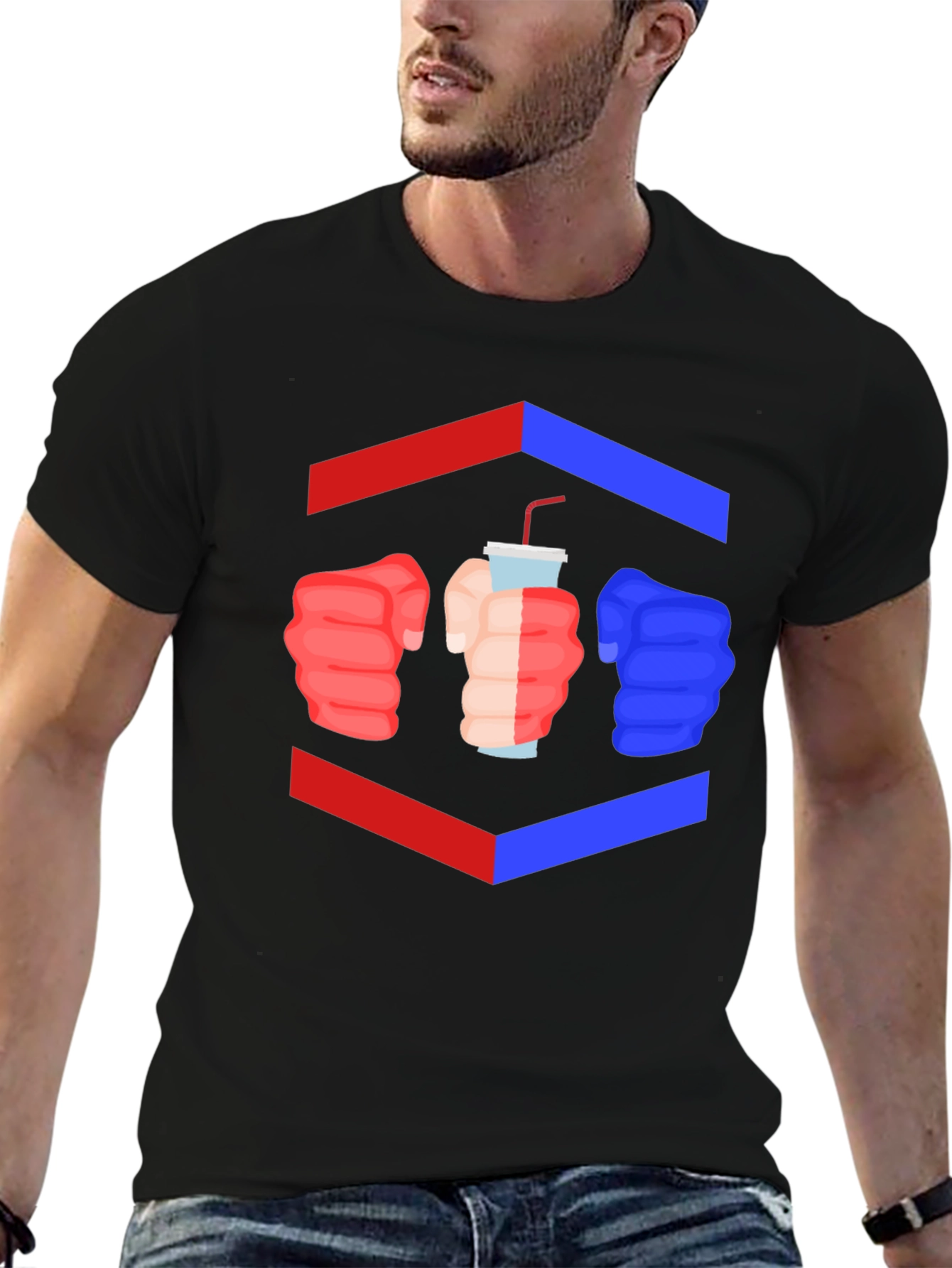 Camiseta Negra Divertida con Diseño de Puños y Bebida