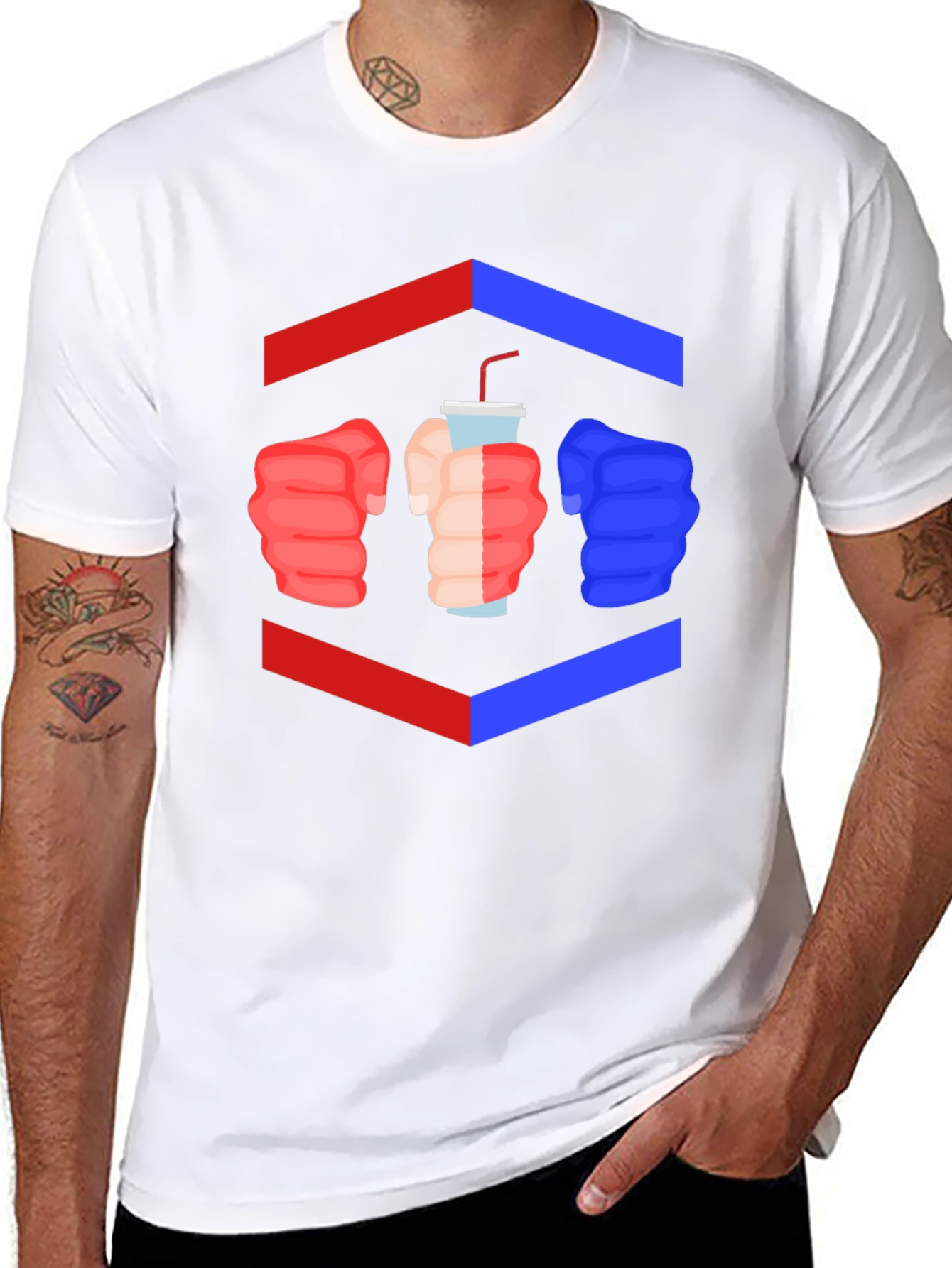 Camiseta Negra Divertida con Diseño de Puños y Bebida