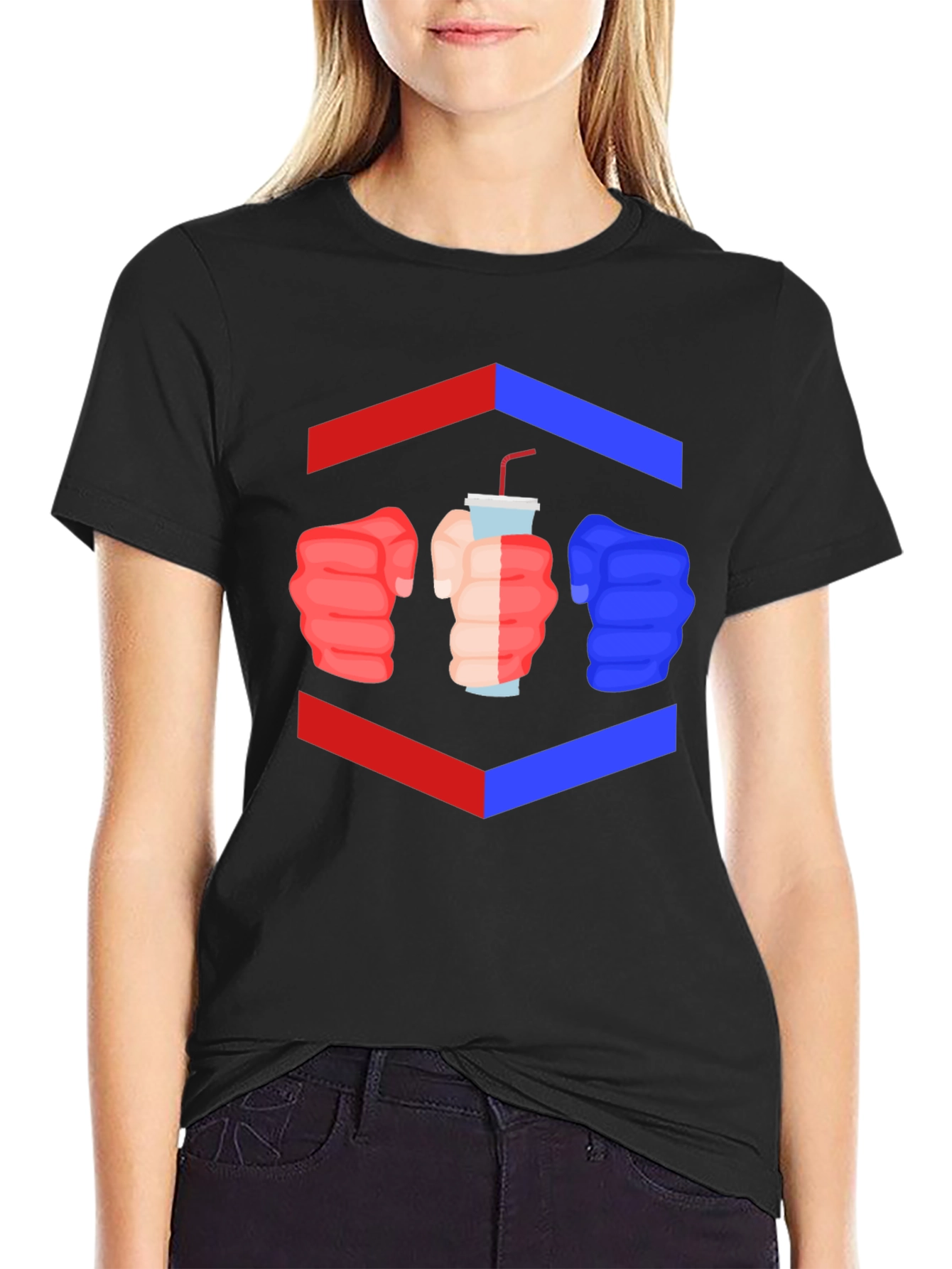 Camiseta Negra Divertida con Diseño de Puños y Bebida