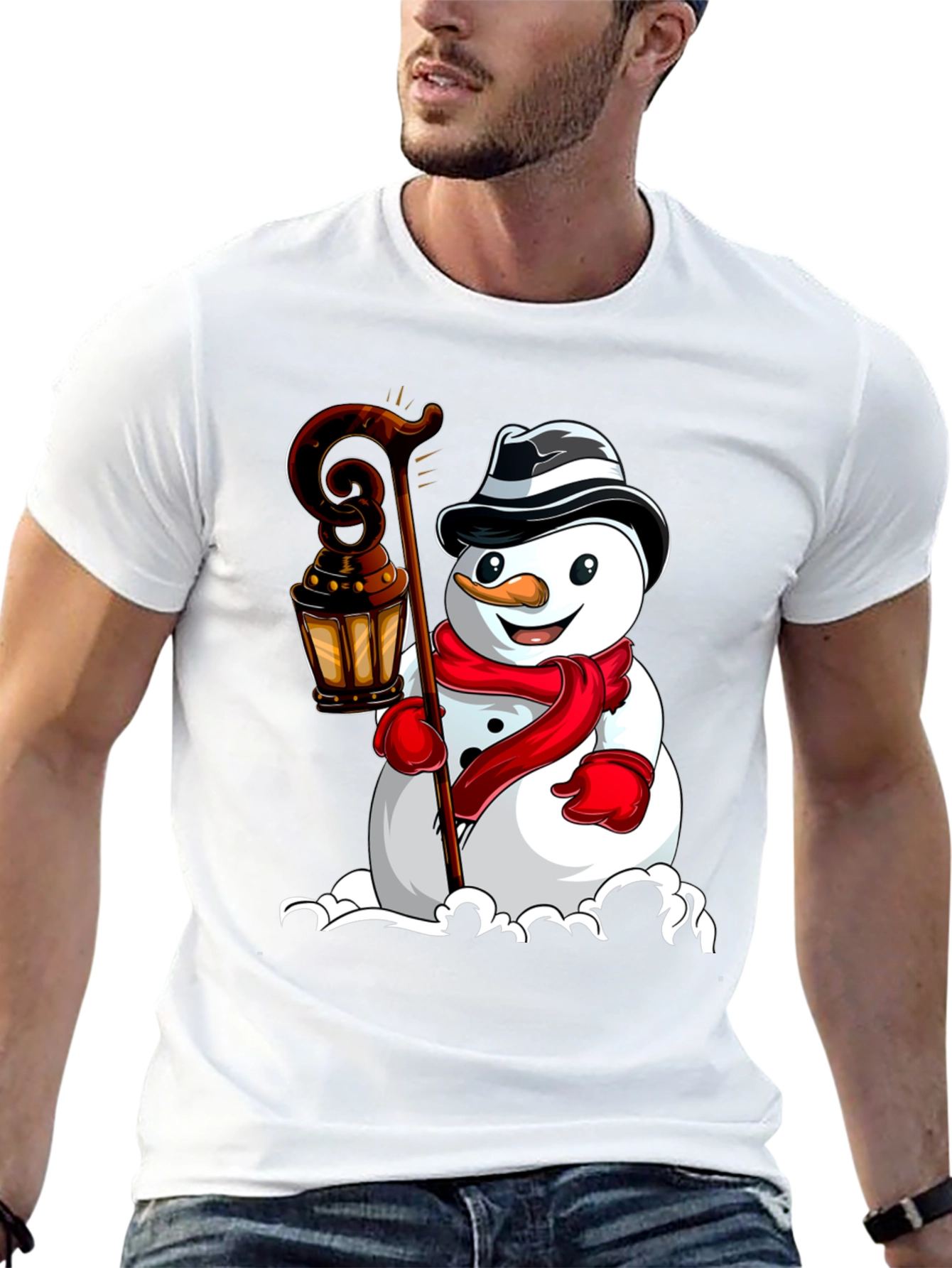 Camiseta Negra con Diseño de Muñeco de Nieve Festivo