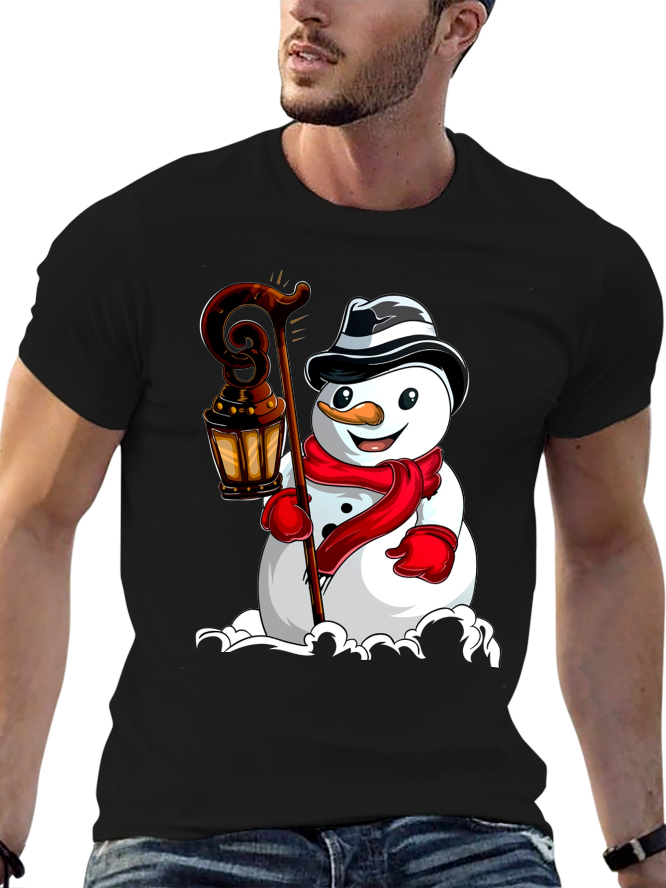 Camiseta Negra con Diseño de Muñeco de Nieve Festivo