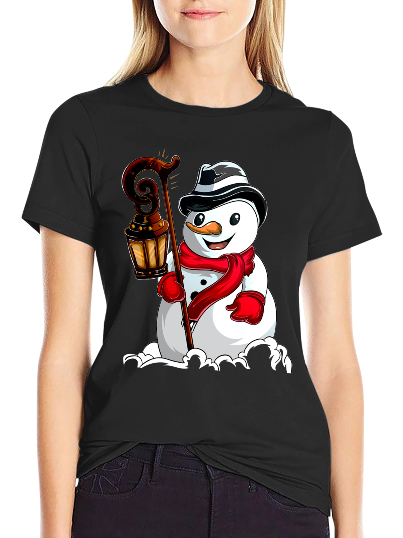 Camiseta Negra con Diseño de Muñeco de Nieve Festivo