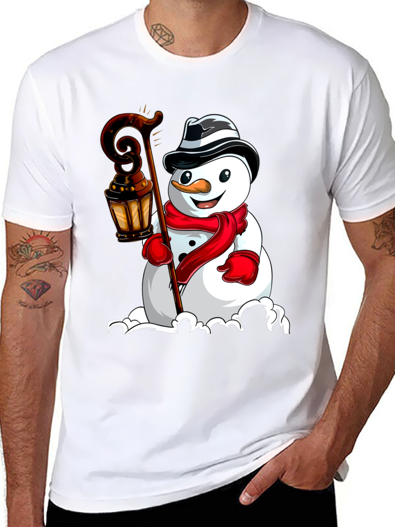 Camiseta Negra con Diseño de Muñeco de Nieve Festivo