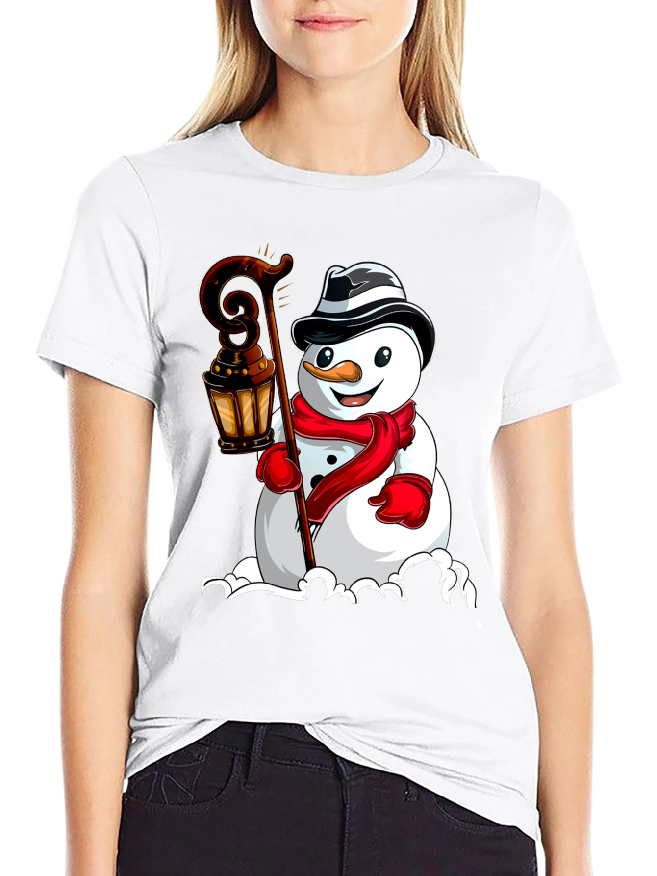 Camiseta Negra con Diseño de Muñeco de Nieve Festivo