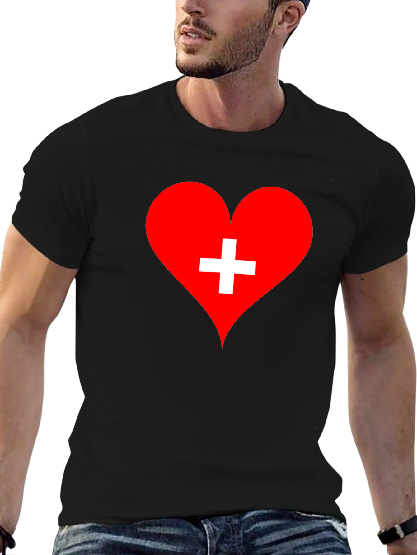 Camiseta Negra Corazón Cruz Suiza