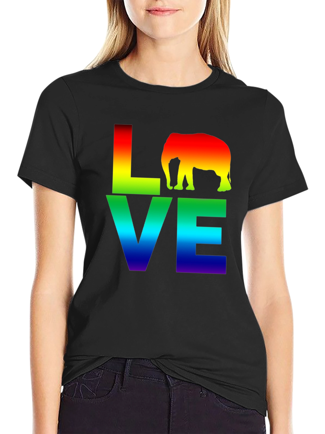Camiseta Negra LOVE Elefante Arcoíris