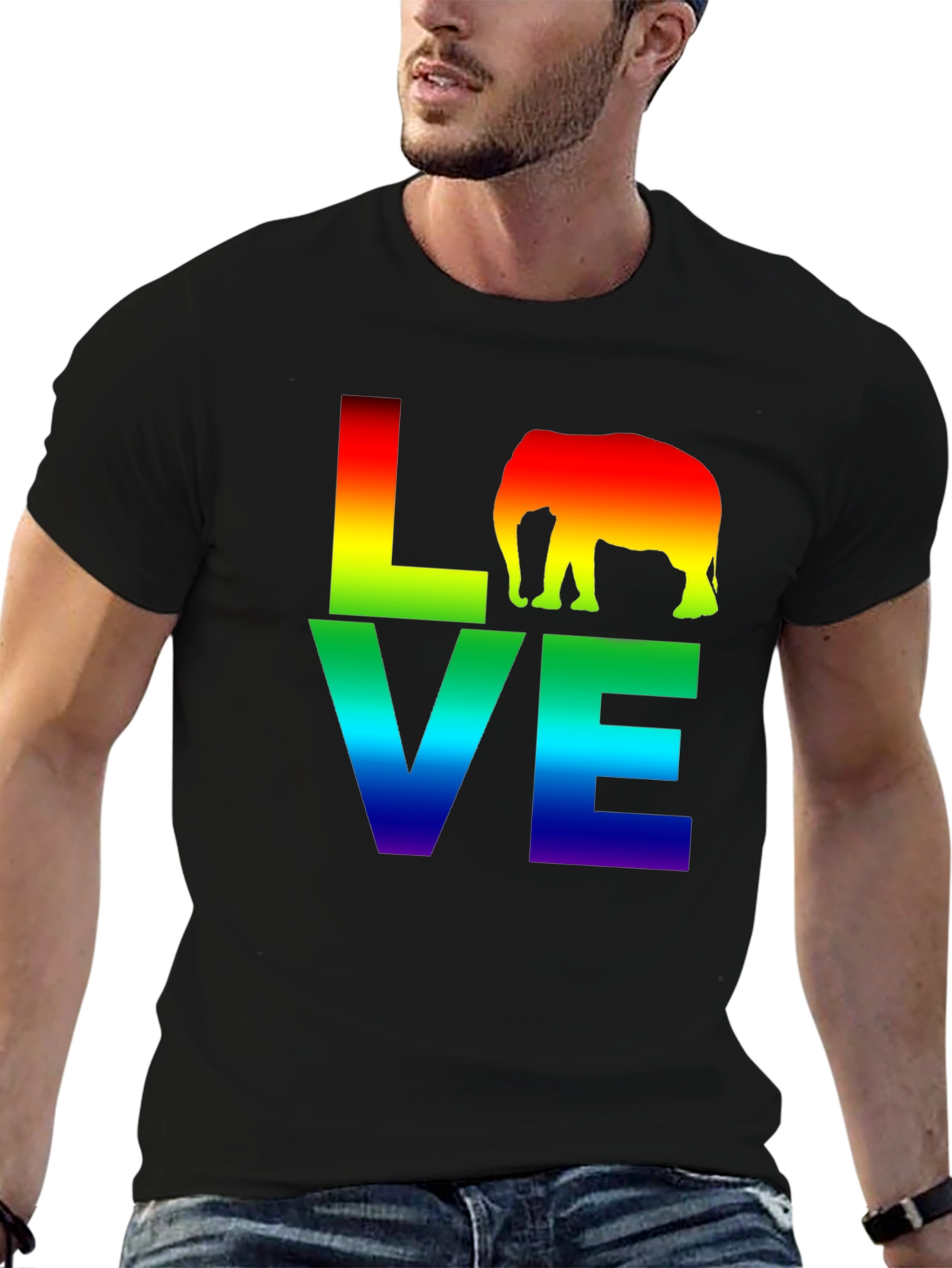 Camiseta Negra LOVE Elefante Arcoíris