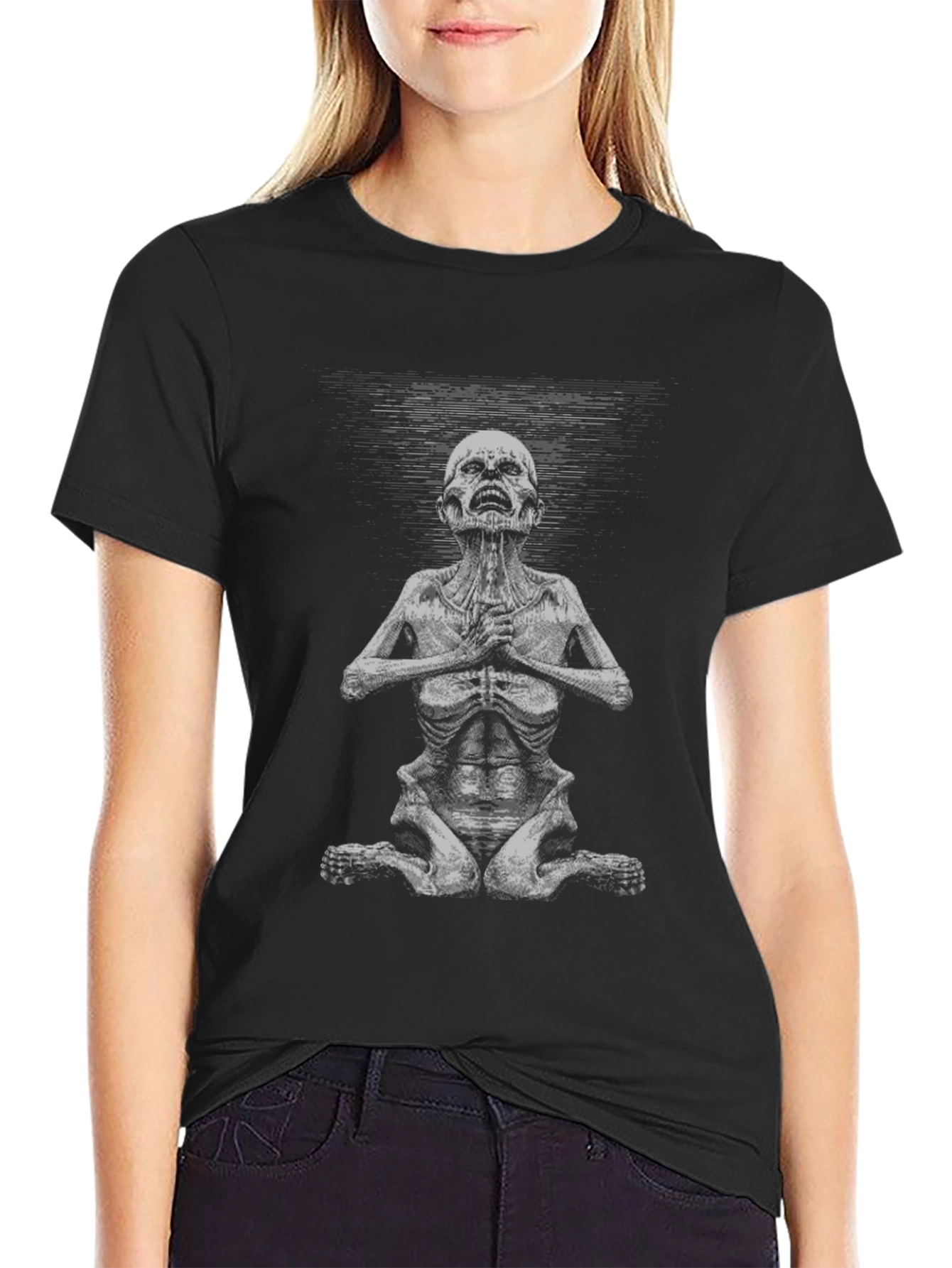 Camiseta Negra con Gráfico de Criatura Meditando