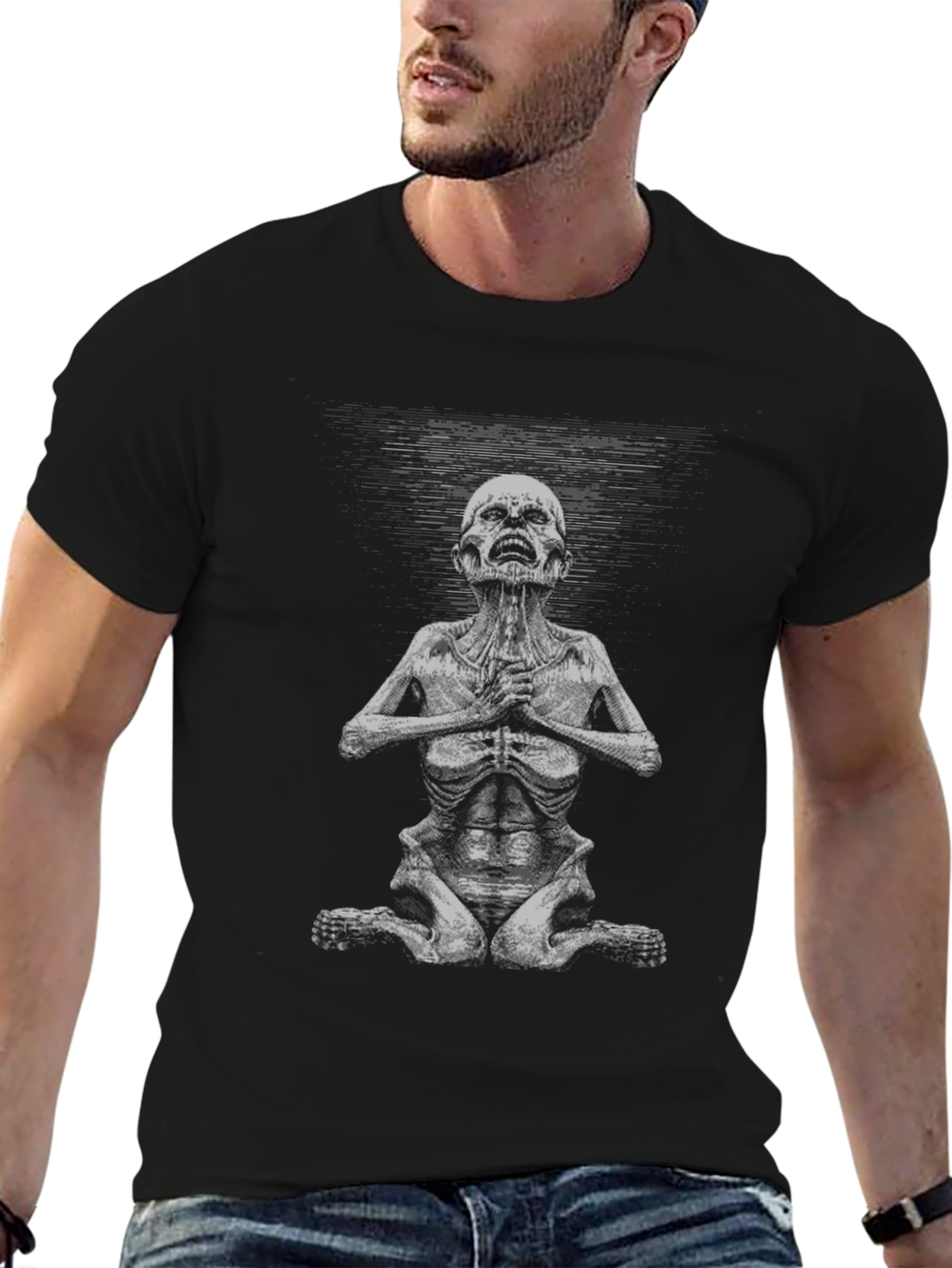 Camiseta Negra con Gráfico de Criatura Meditando