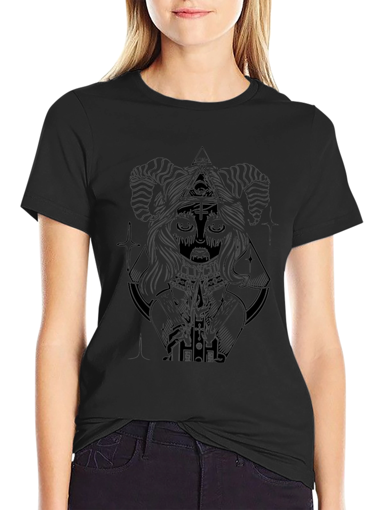 Camiseta Negra Estampada con Diseño Misterioso