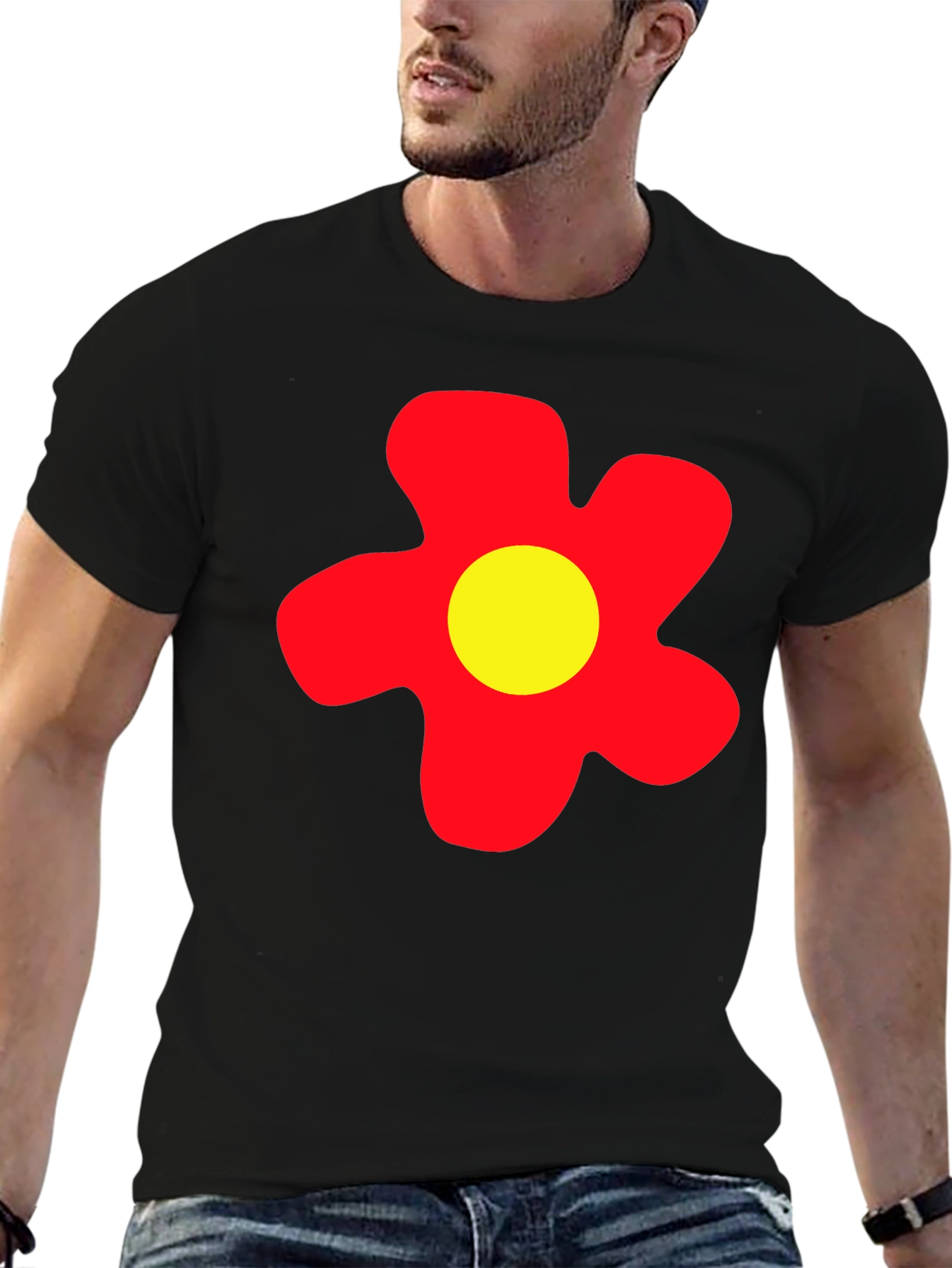 Camiseta Negra con Flor Roja y Amarilla
