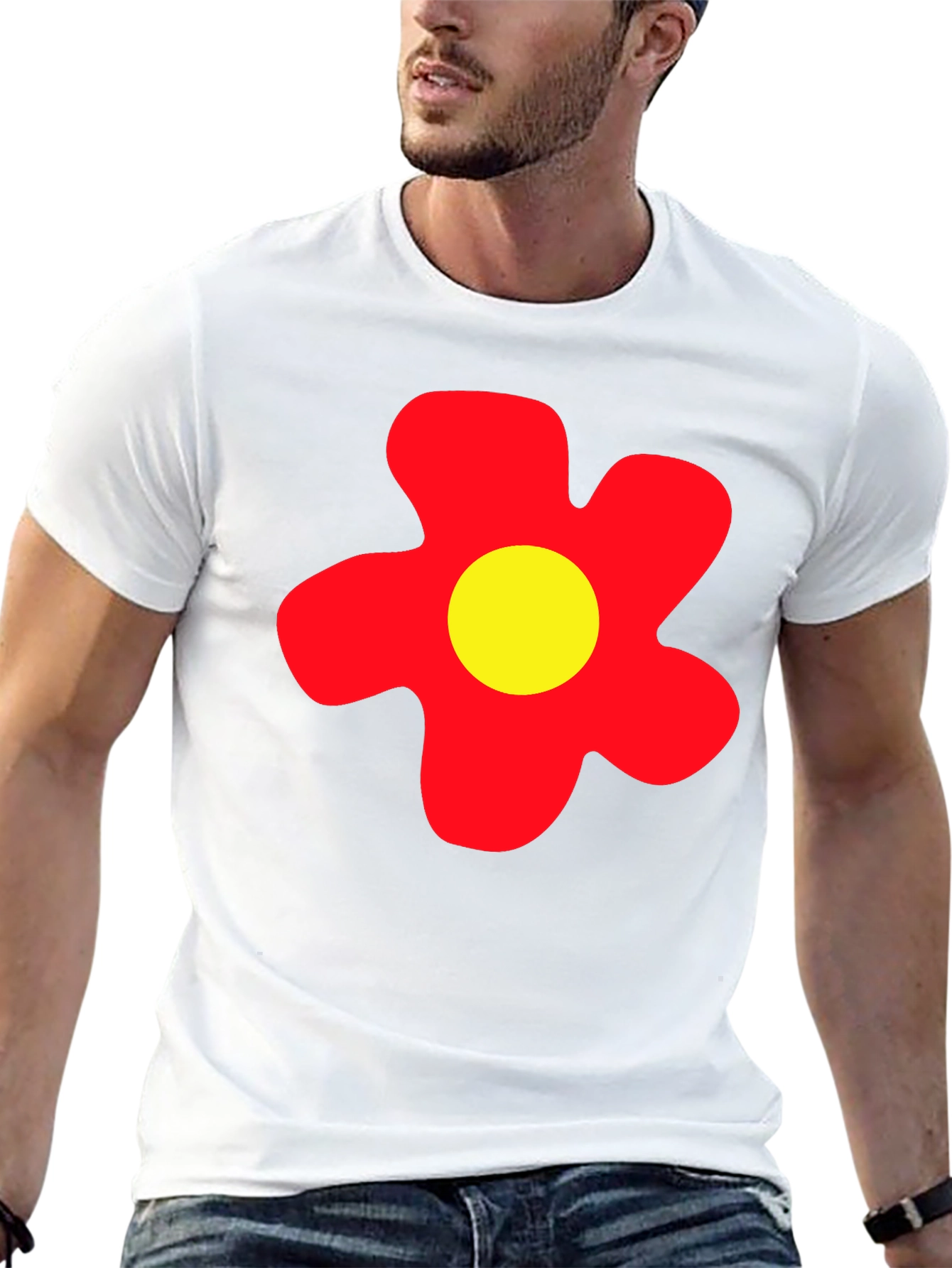 Camiseta Negra con Flor Roja y Amarilla