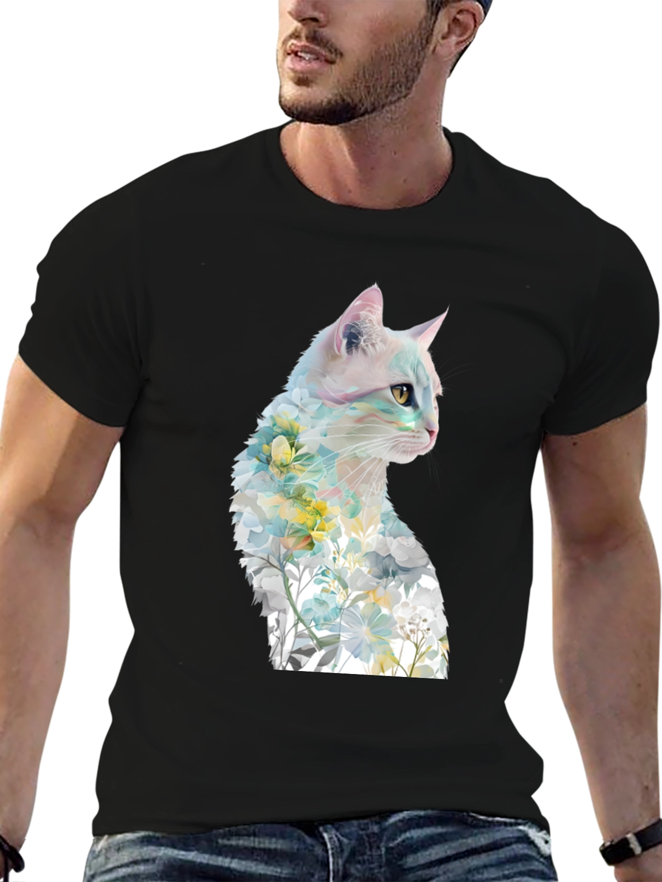 Camiseta Negra con Diseño de Gato Floral