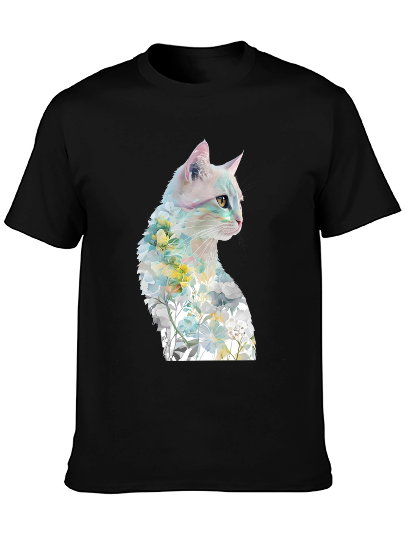 Camiseta Negra con Diseño de Gato Floral