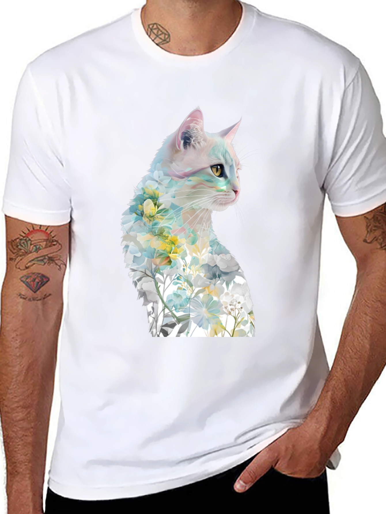 Camiseta Negra con Diseño de Gato Floral