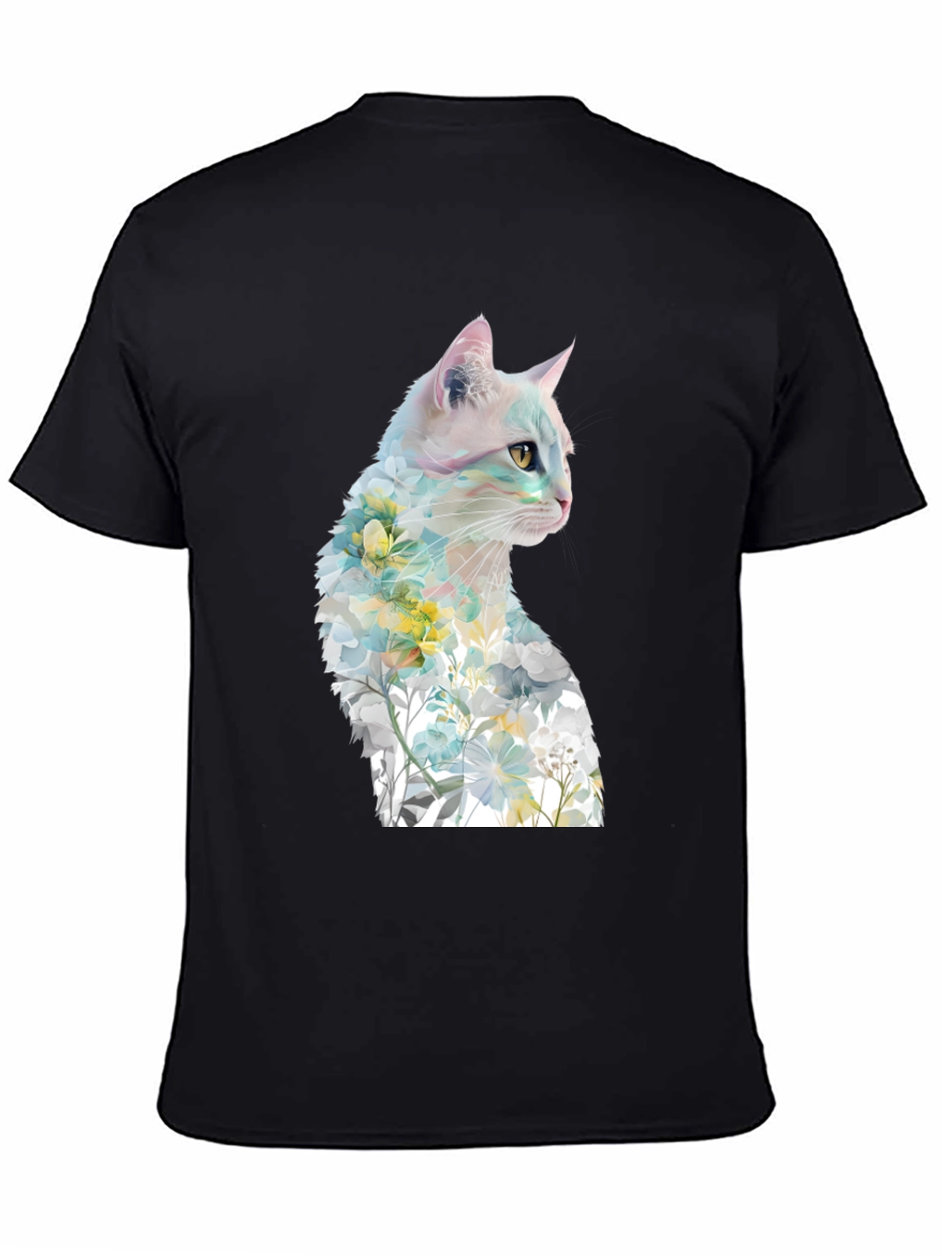 Camiseta Negra con Diseño de Gato Floral