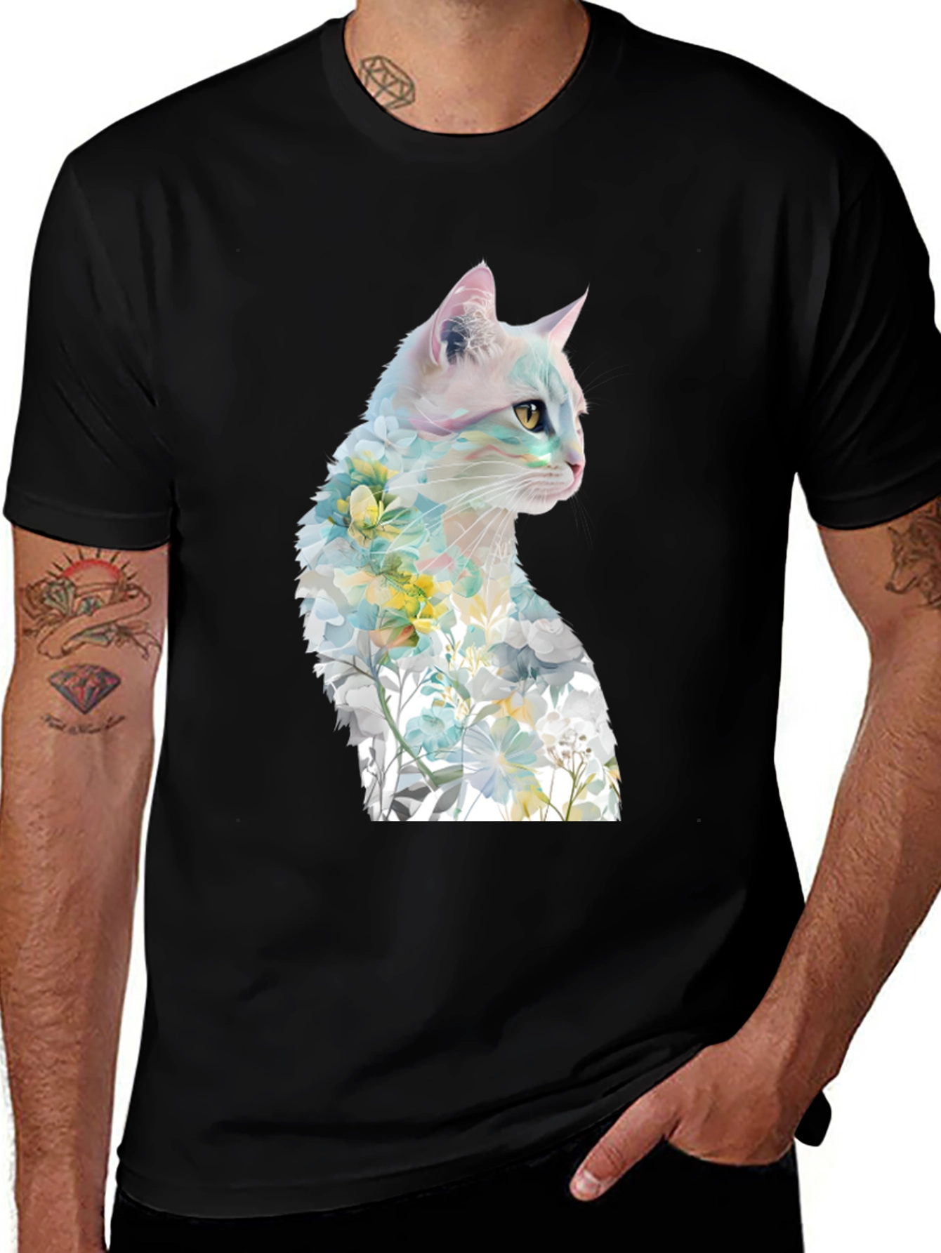 Camiseta Negra con Diseño de Gato Floral