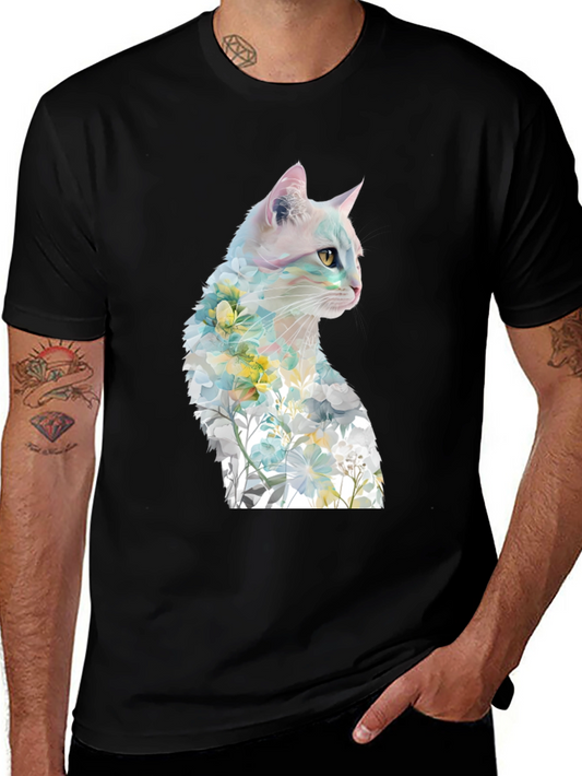 Camiseta Negra con Diseño de Gato Floral