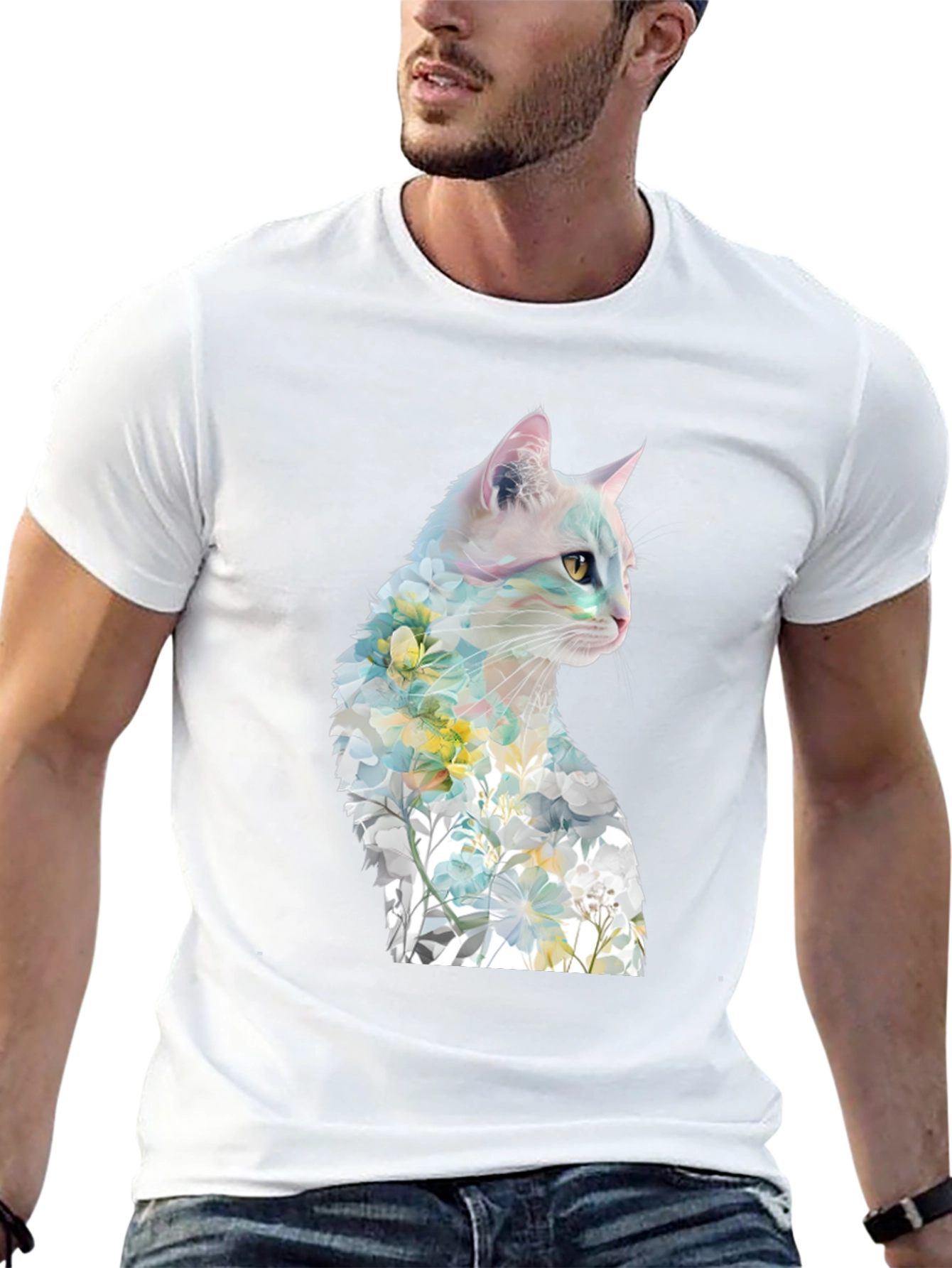 Camiseta Negra con Diseño de Gato Floral