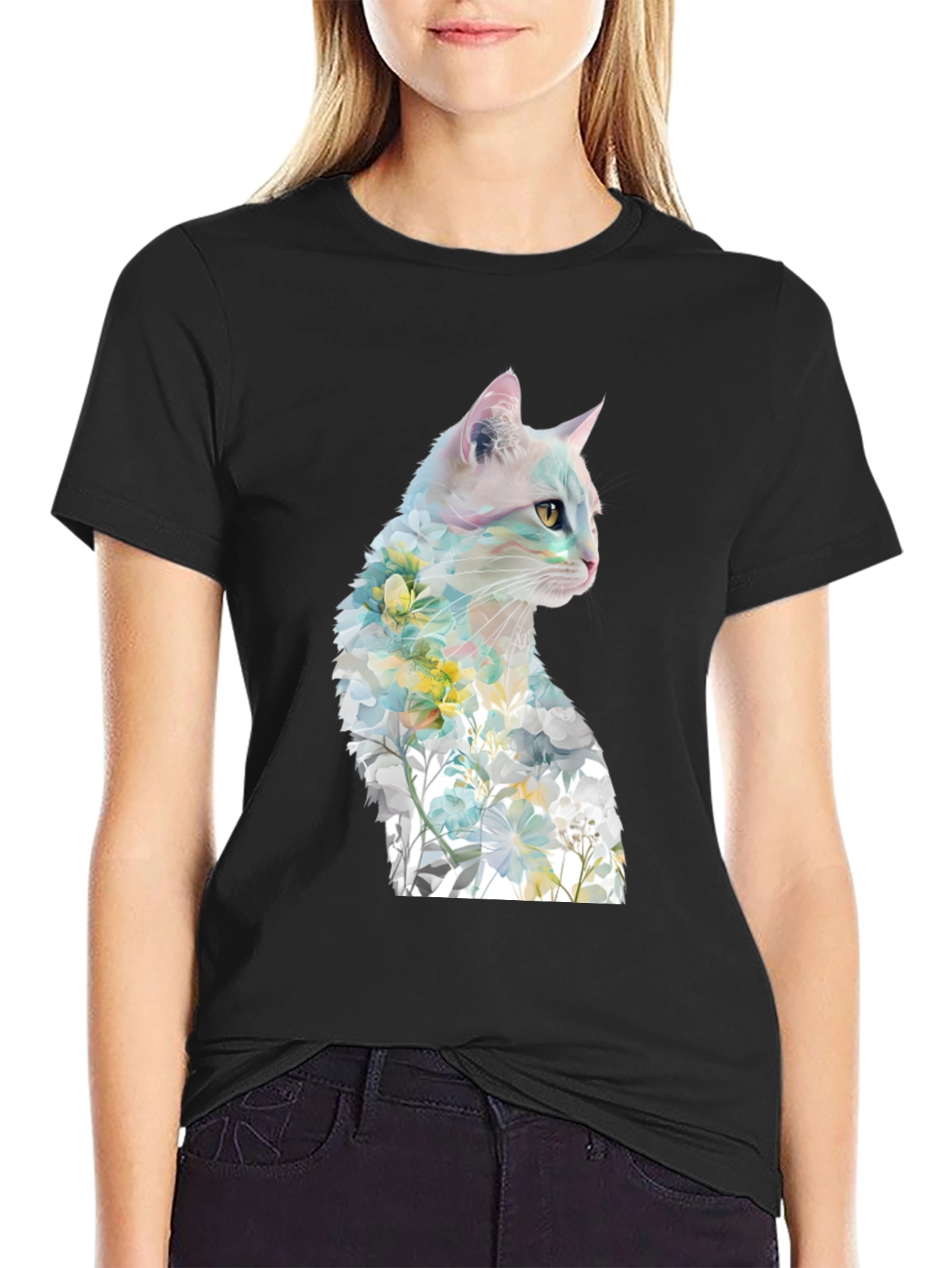 Camiseta Negra con Diseño de Gato Floral