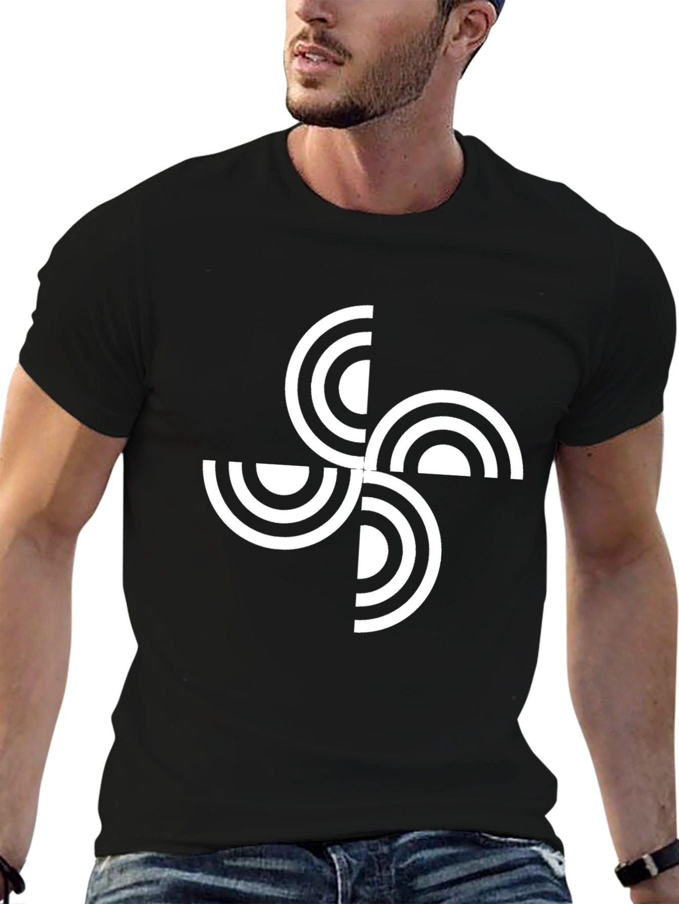 Camiseta Negra con Diseño Geométrico Circular Blanco