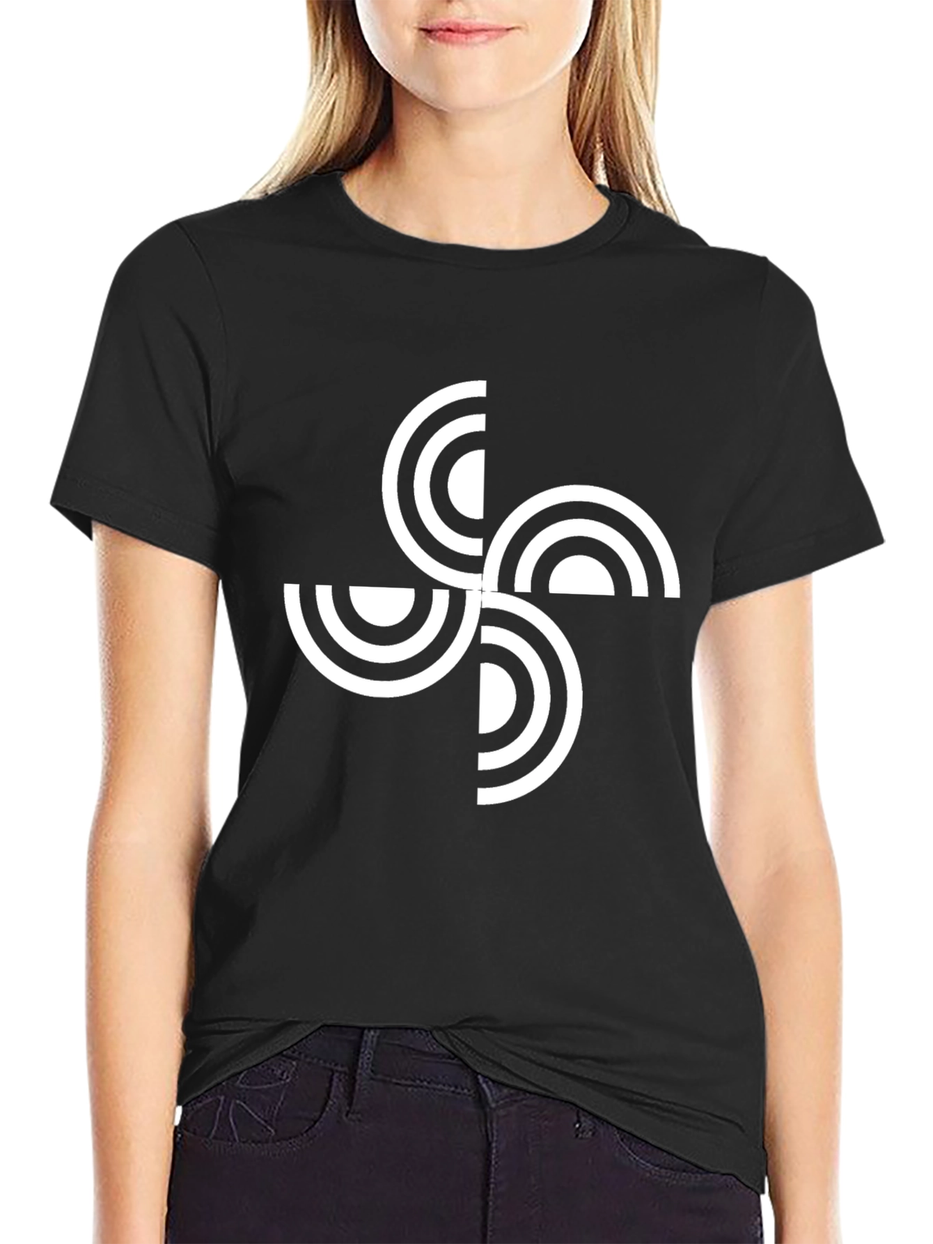 Camiseta Negra con Diseño Geométrico Circular Blanco