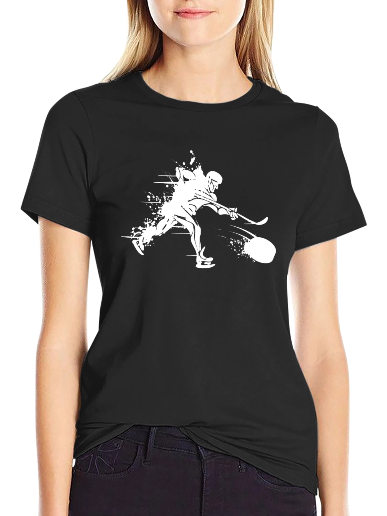 Camiseta Negra Hockey Hielo Estampada