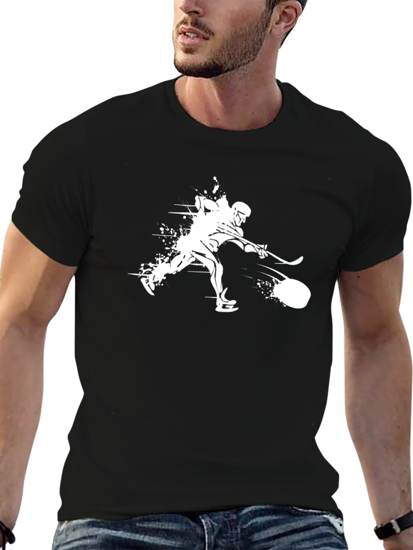 Camiseta Negra Hockey Hielo Estampada