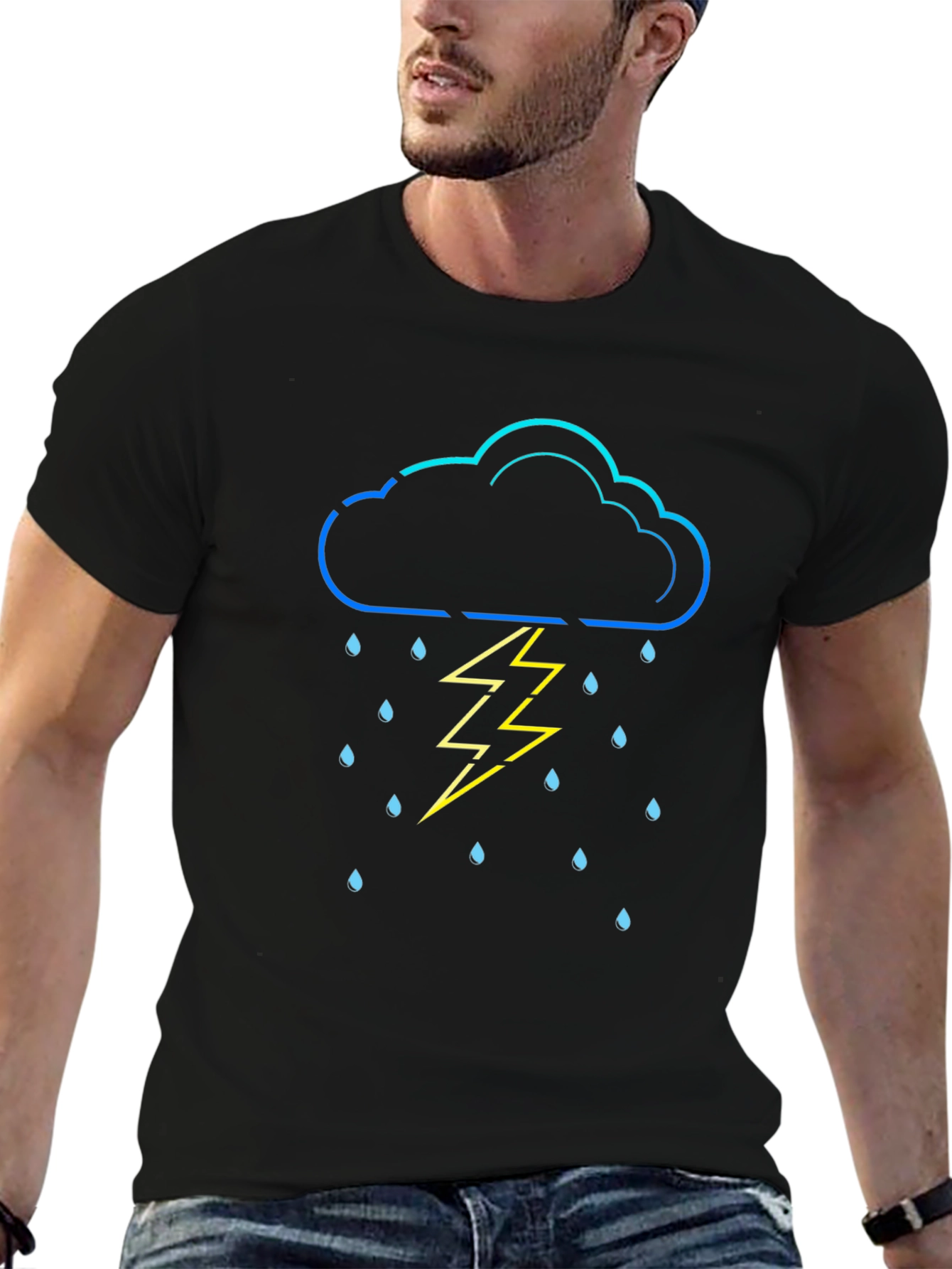 Camiseta Negra con Diseño de Nube y Rayo