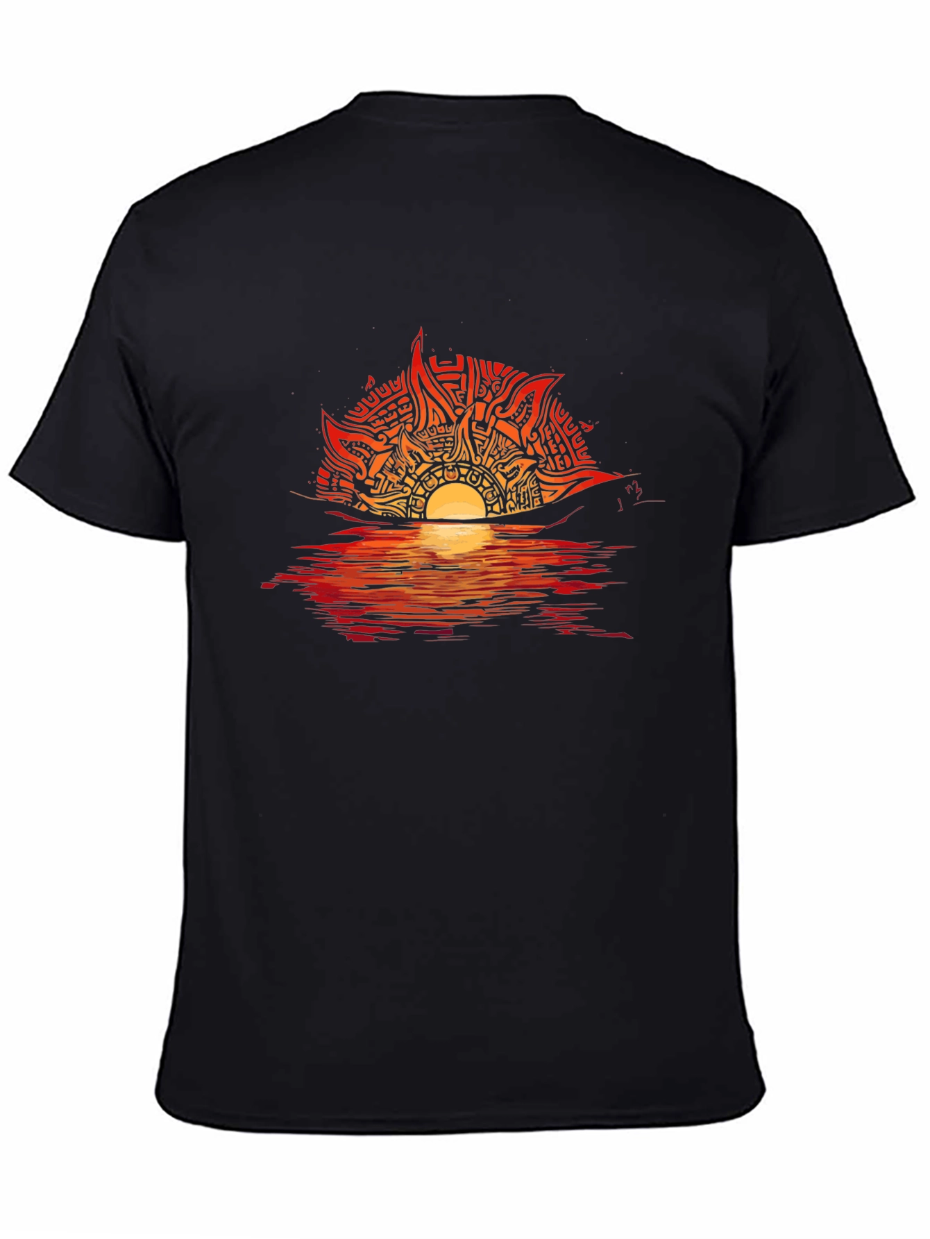 Camiseta Negra con Diseño de Sol Abstracto en Atardecer