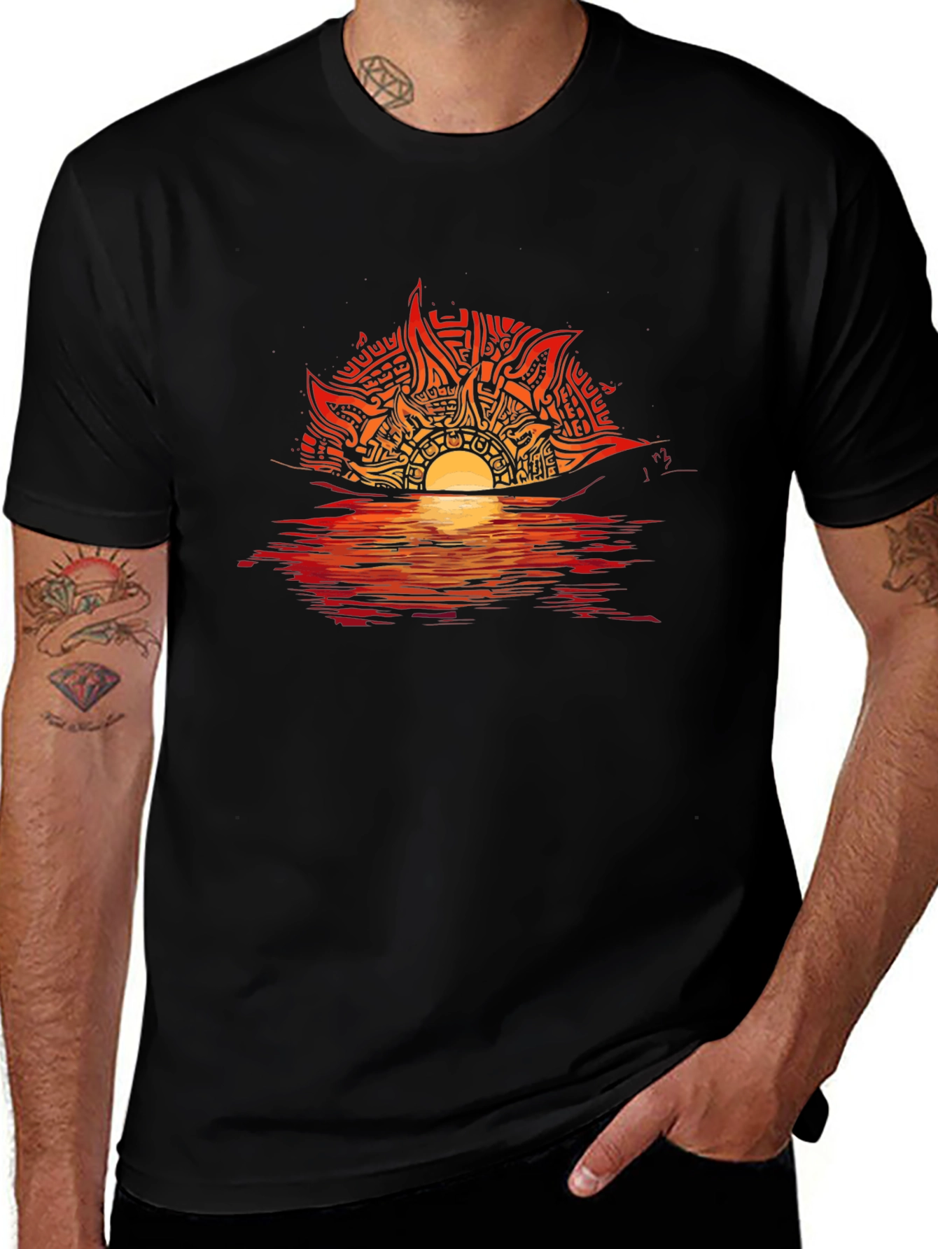 Camiseta Negra con Diseño de Sol Abstracto en Atardecer