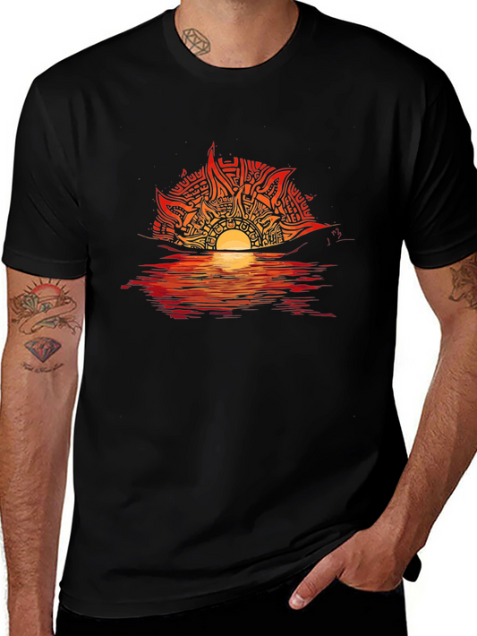 Camiseta Negra con Diseño de Sol Abstracto en Atardecer