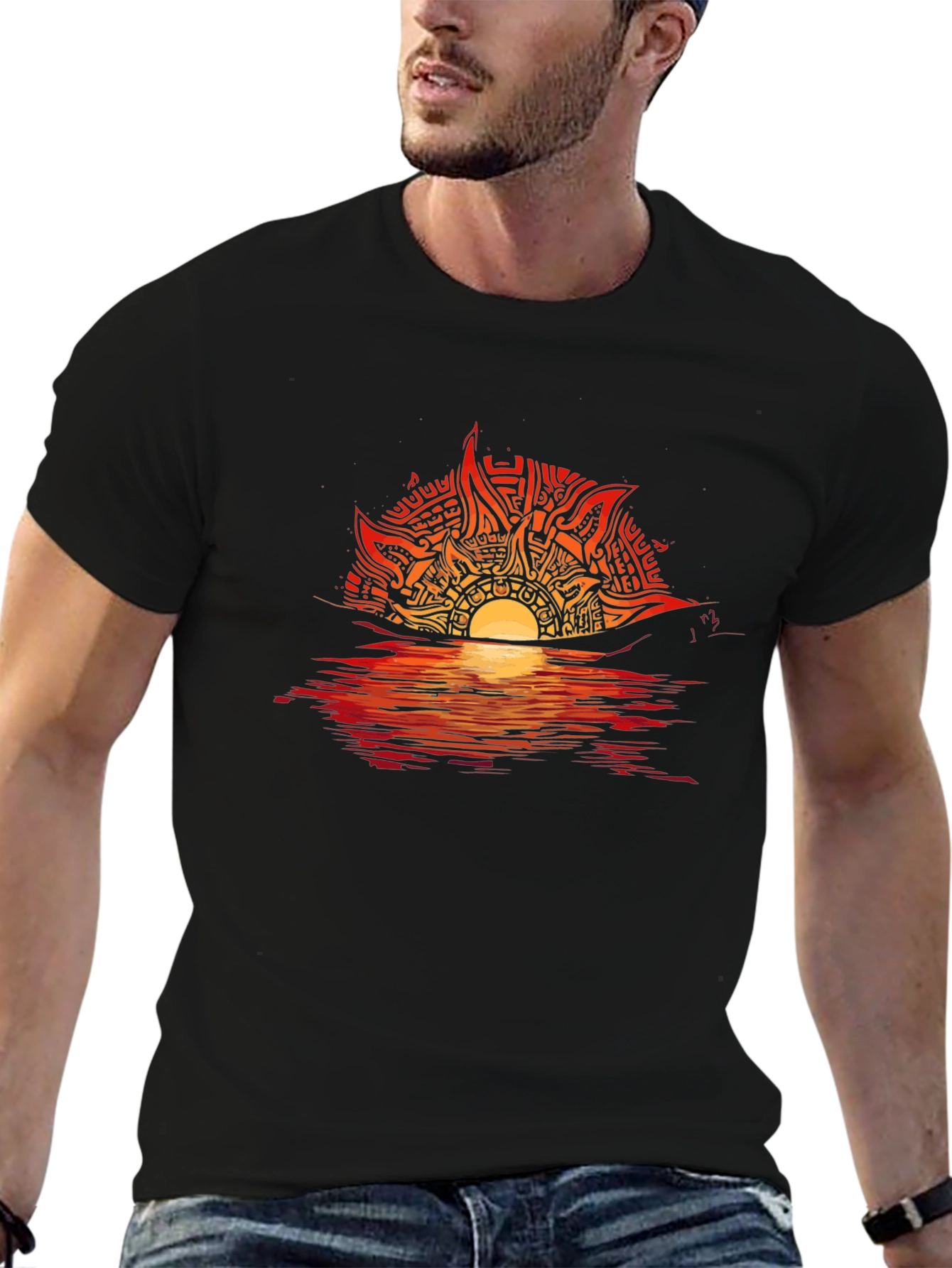 Camiseta Negra con Diseño de Sol Abstracto en Atardecer