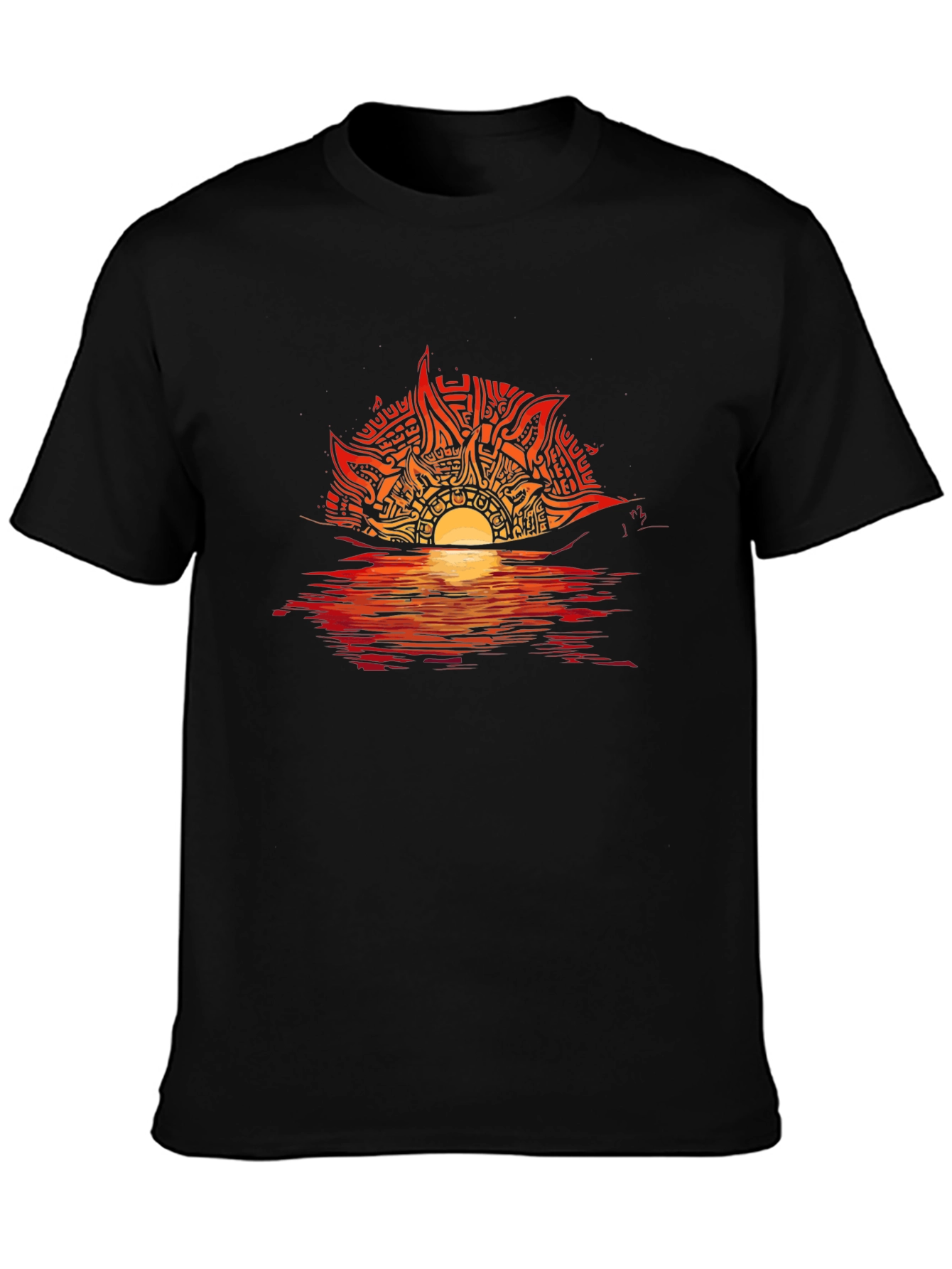 Camiseta Negra con Diseño de Sol Abstracto en Atardecer