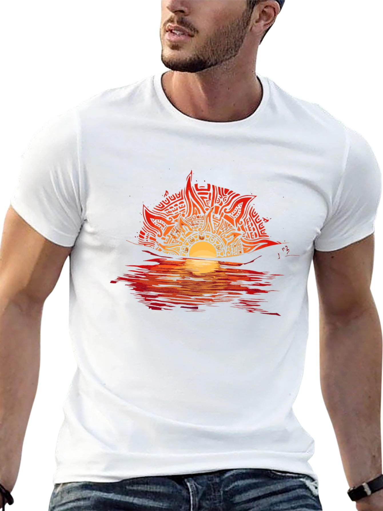 Camiseta Negra con Diseño de Sol Abstracto en Atardecer