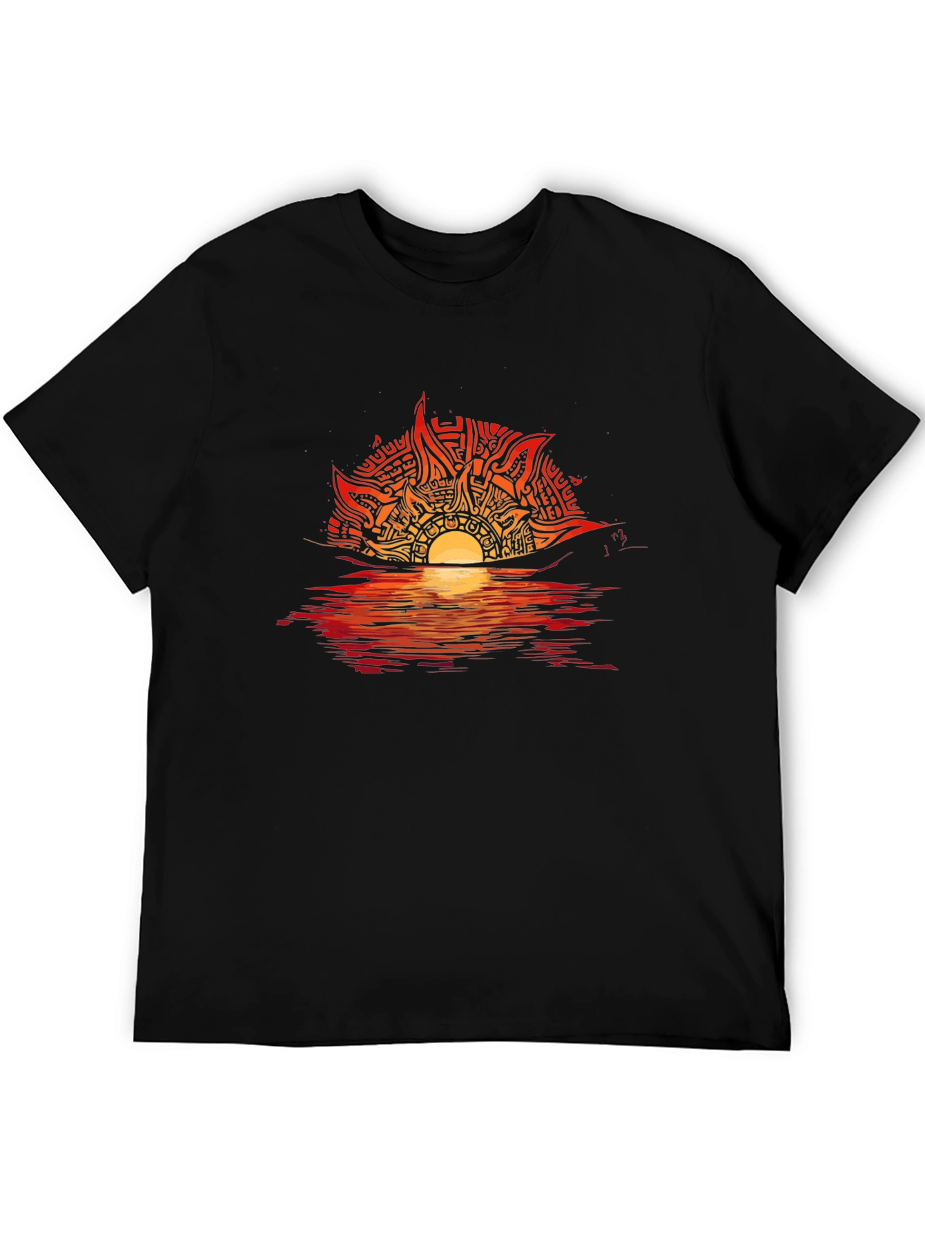 Camiseta Negra con Diseño de Sol Abstracto en Atardecer