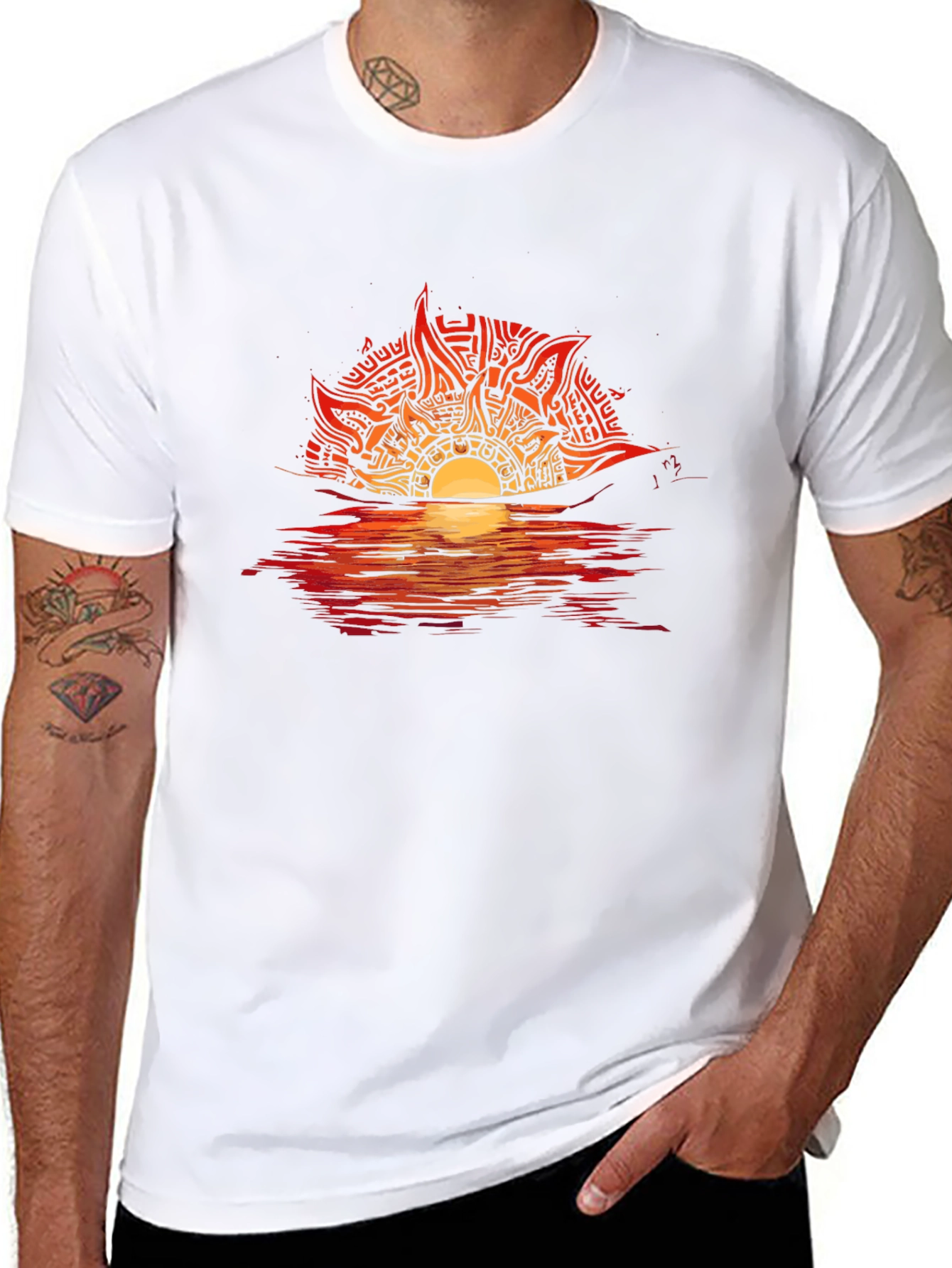 Camiseta Negra con Diseño de Sol Abstracto en Atardecer